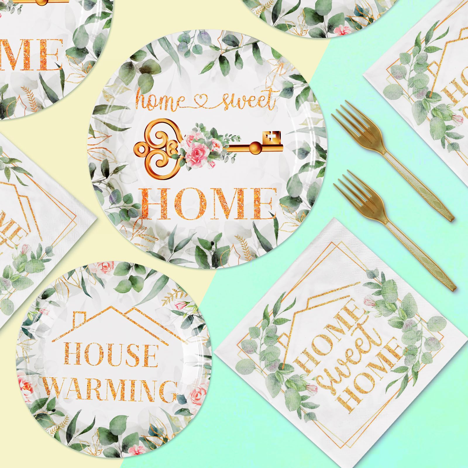 96Pcs House Warming Party Decorations Home Sweet Home Plates Disposable 350Gsm Green Leaves Pink Flower Gold House Warming Paper
