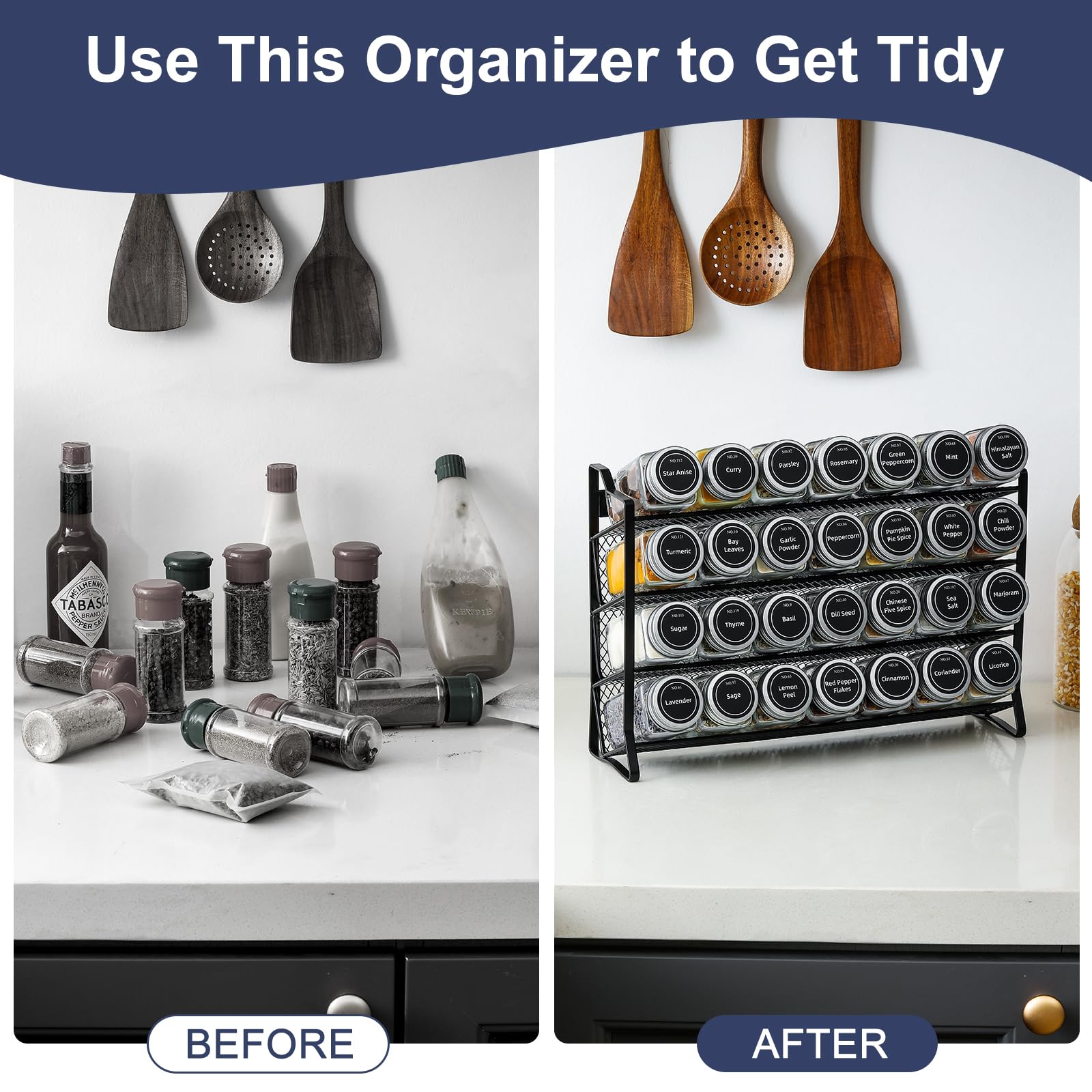 AOZITA Spice Rack Organizer for Cabinet, Spice Organizer with 28 Empty Spice Jars Funnel, Spice Labels, Seasoning Organizer for