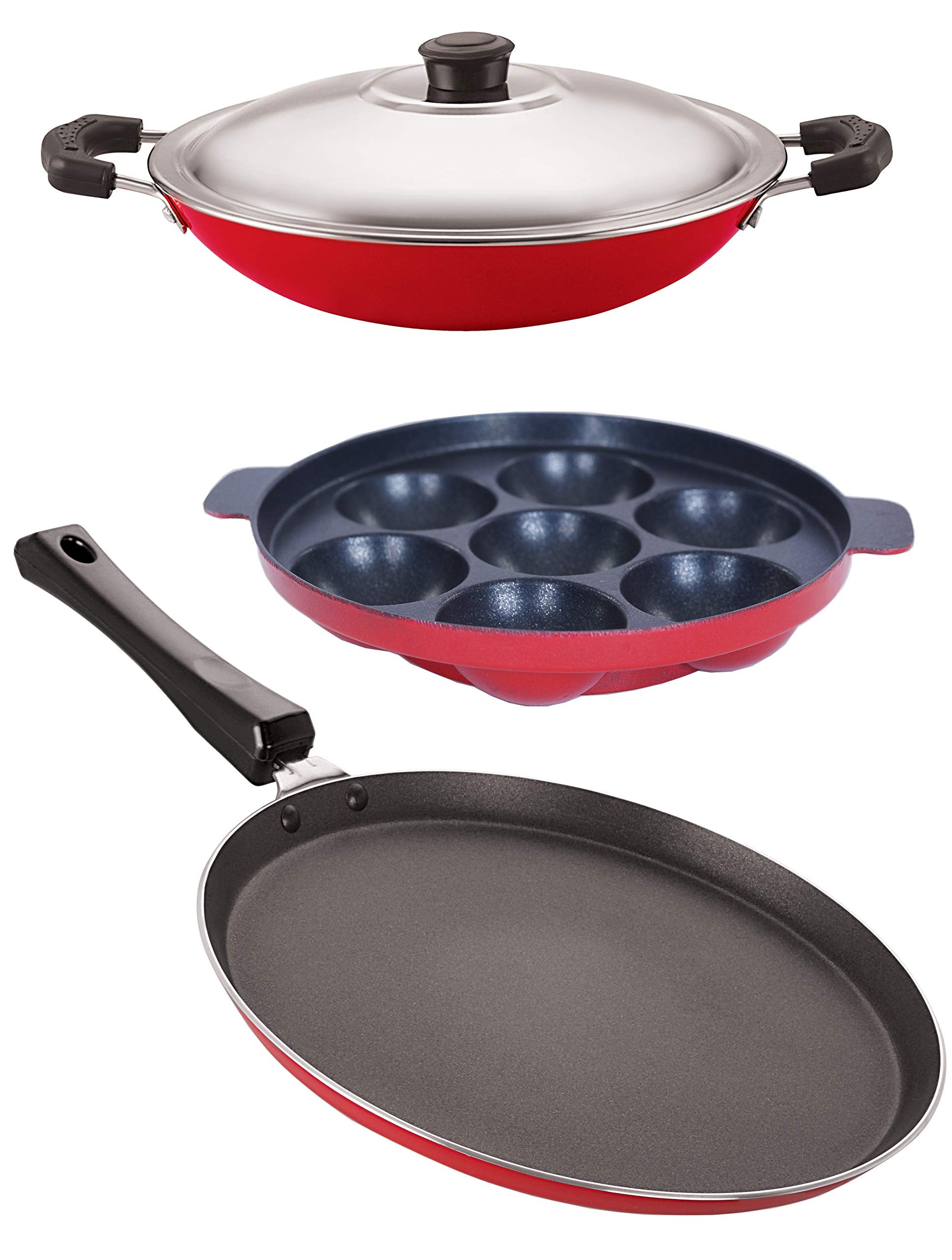 Nirlon NonStick Odor Free 3 Piece Gas Compatible Kitchenware Combo Set Offer With Bakelite Handle, Red And Black Color