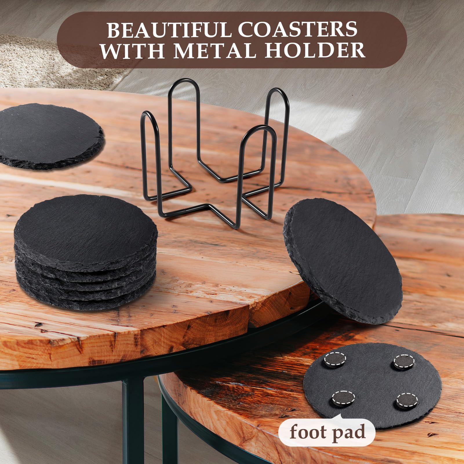 Slate Drink Coasters with Metal Holder  GOH DODD 4 Inch 8 Pieces Black Stone Coasters Blank Coaster Set Decor Tabletop Protection for Home Office Kitchen Apartment Bar  Round