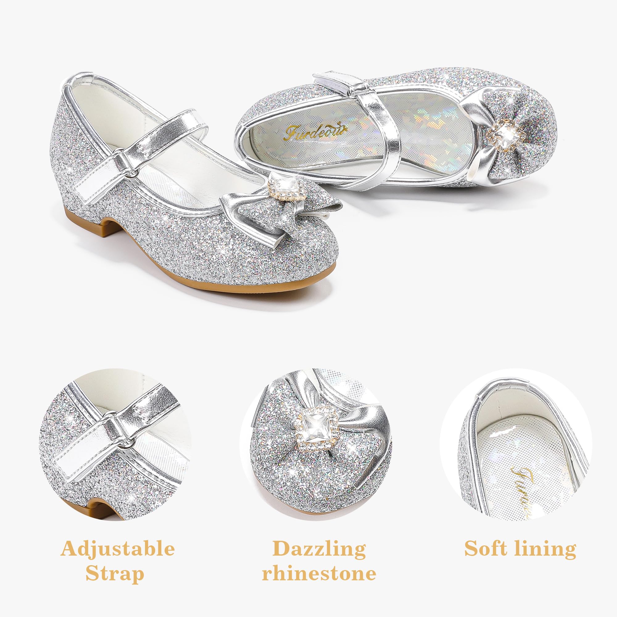 Furdeour Toddler Girl Princess Shoes For Girls Size 8 Wedding Flower Girl Party Shoes Medium High Heels Glitter Little Kids Silv