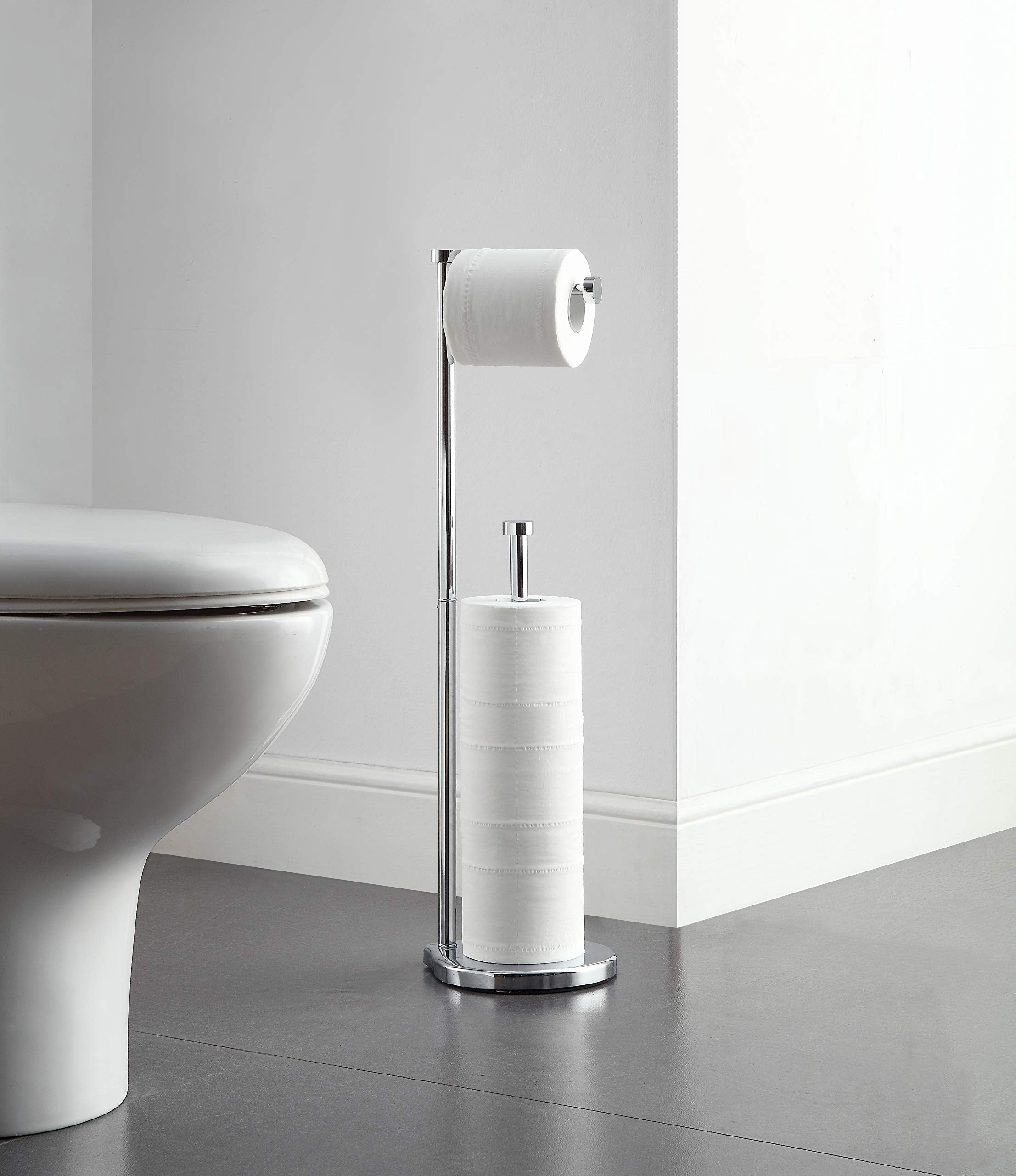 Sunnypoint Free Standing Bathroom Toilet Paper Holder Stand With Reserve, Reserve Area Has Enough Space For Jumbo Roll (Chrome)
