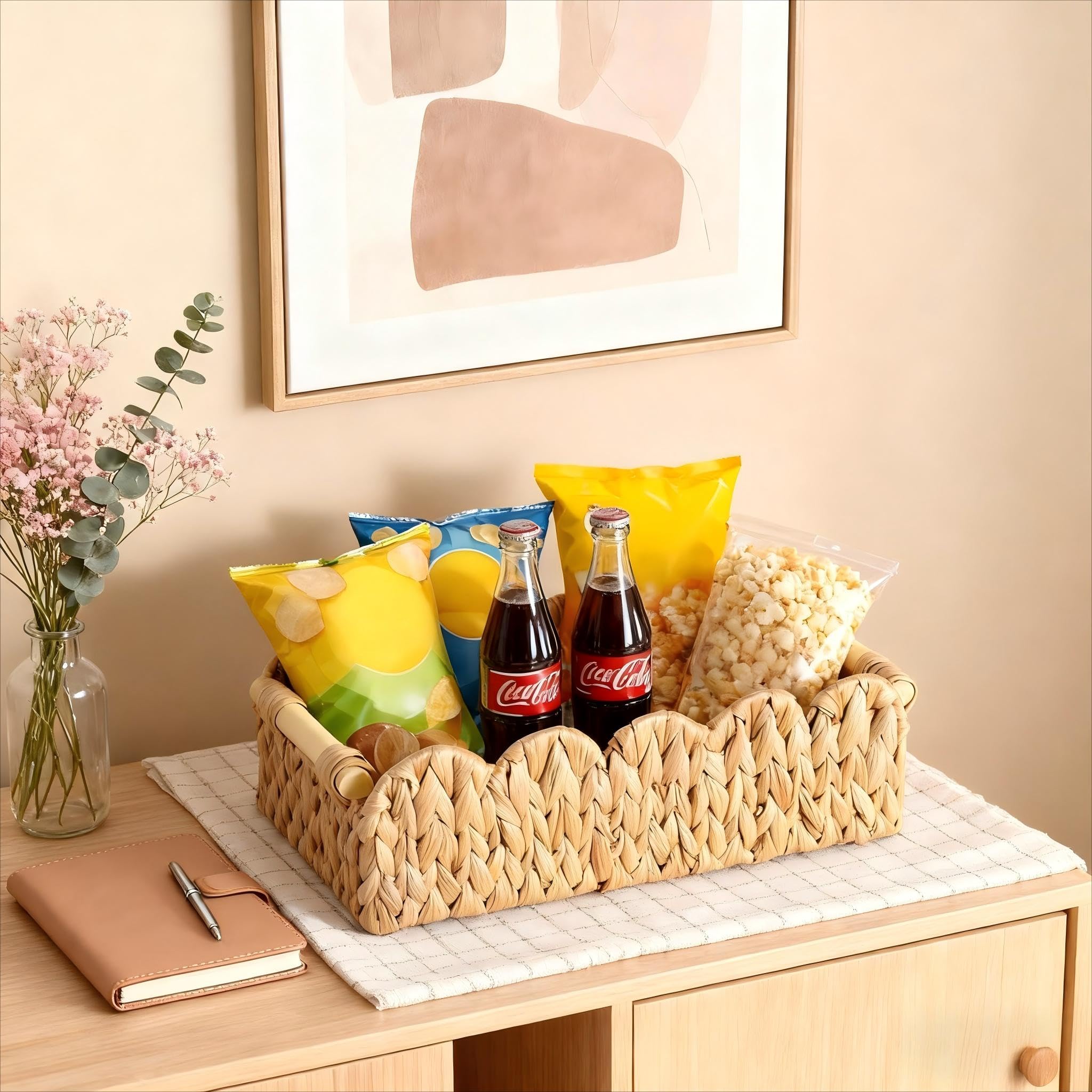 Quincry Scalloped Edge Organizer Basket for Toilet Tank Top with Wooden Handle, Wicker Storage Over Above Behind Toilet, Hand Wo