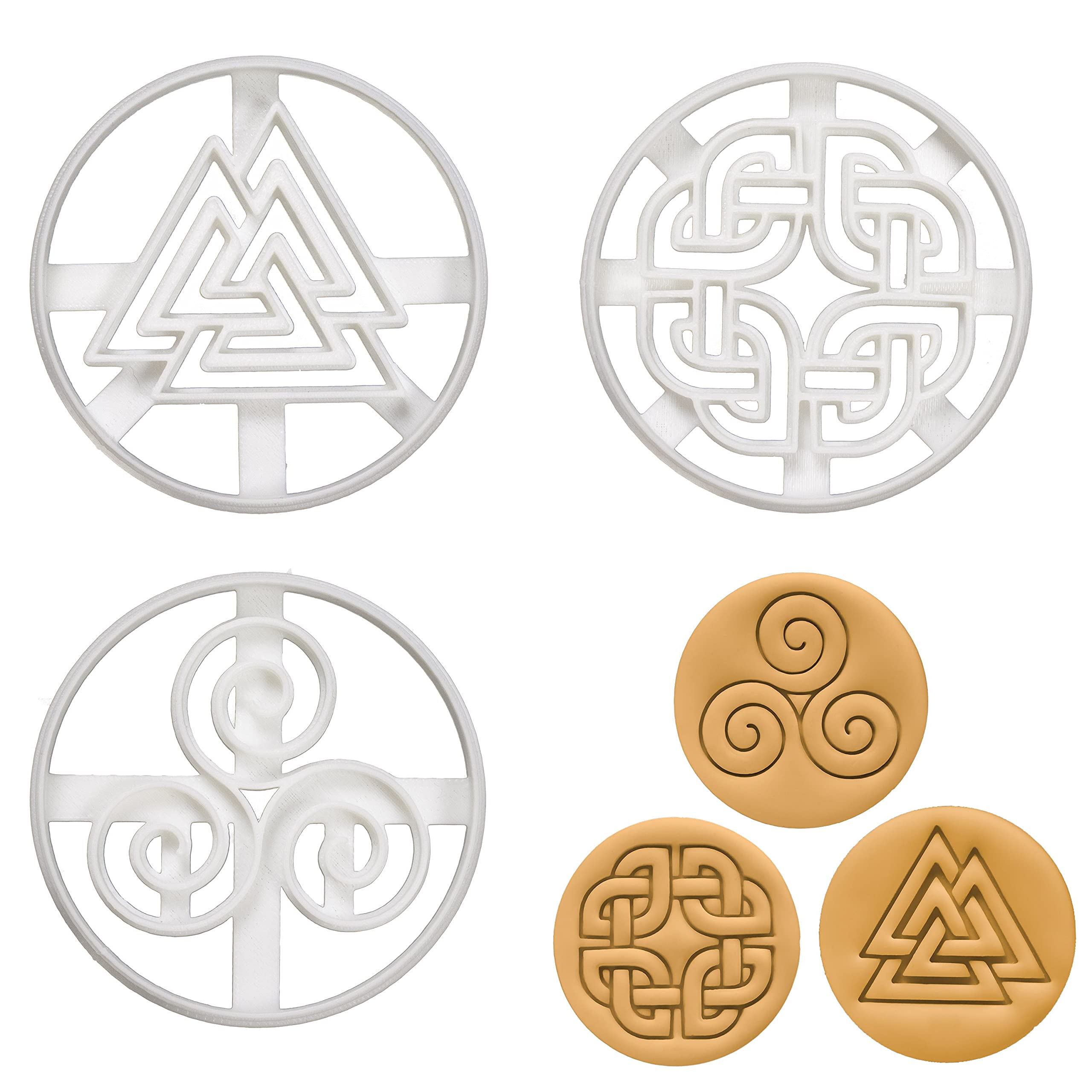 Set Of 3 Nordic Runes Cookie Cutters (Designs: Celtic Shield Knot, Triskelion, & Valknut), 3 Pieces - Bakerlogy