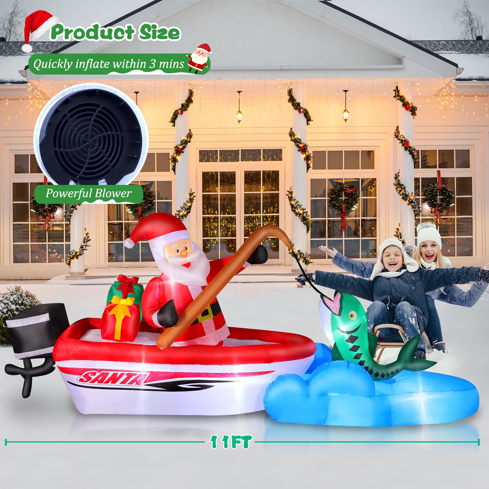 FunFanso 11FT Christmas Inflatable Santa Claus Fishing on The Boat, Blow up Outdoor Decorations with Built-in Bright LED Lights,