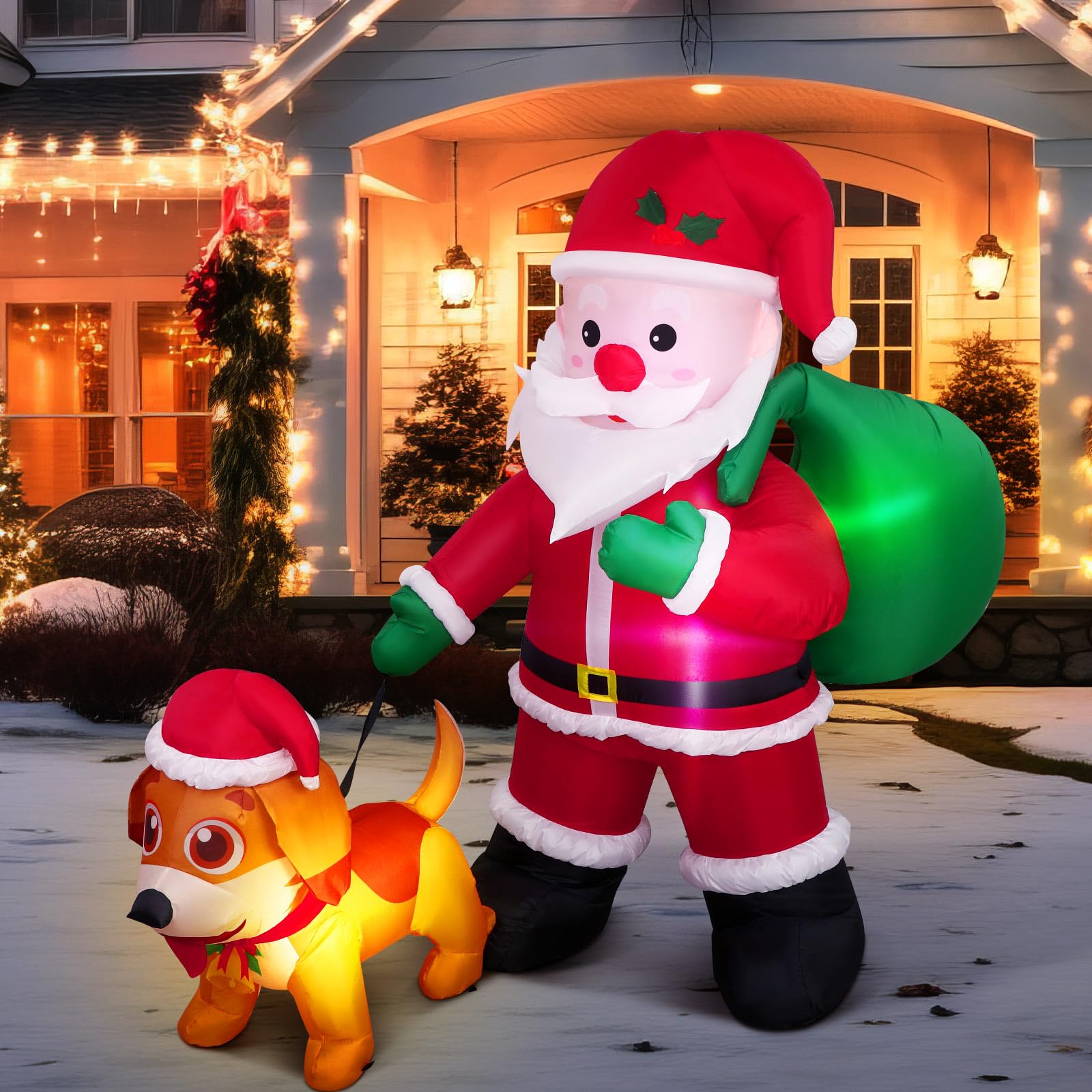 Leyndo 6 FT Christmas Inflatable Santa Claus Outdoor with a Gift Bag and a Dog Blow Up Decoration with LED Lights Cute Xmas for