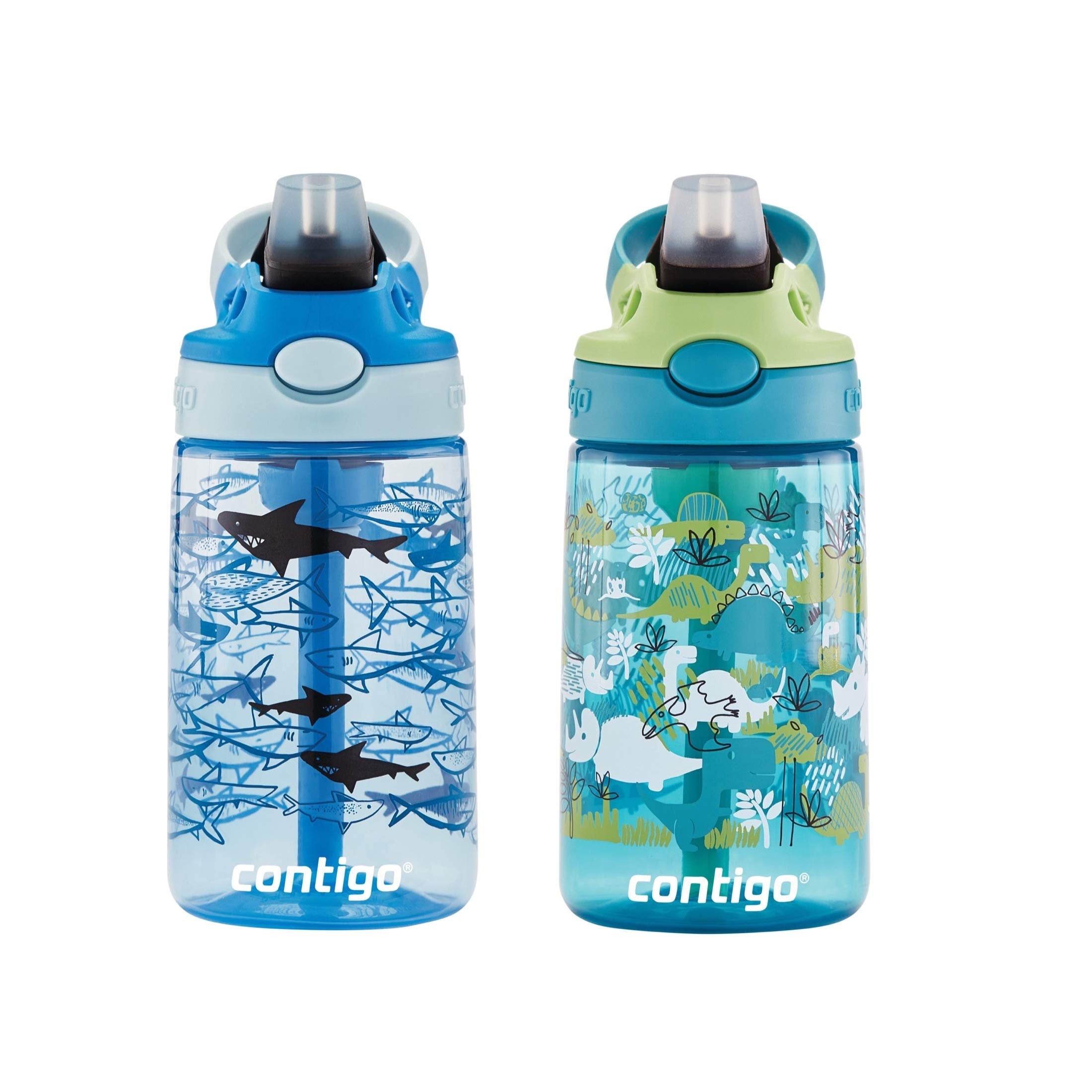 Contigo Aubrey Kids Dinos & Sharks, Cleanable Water Bottle With Silicone Straw, Spill-Proof Lid, Dishwasher Safe, 14Oz 2-Pack