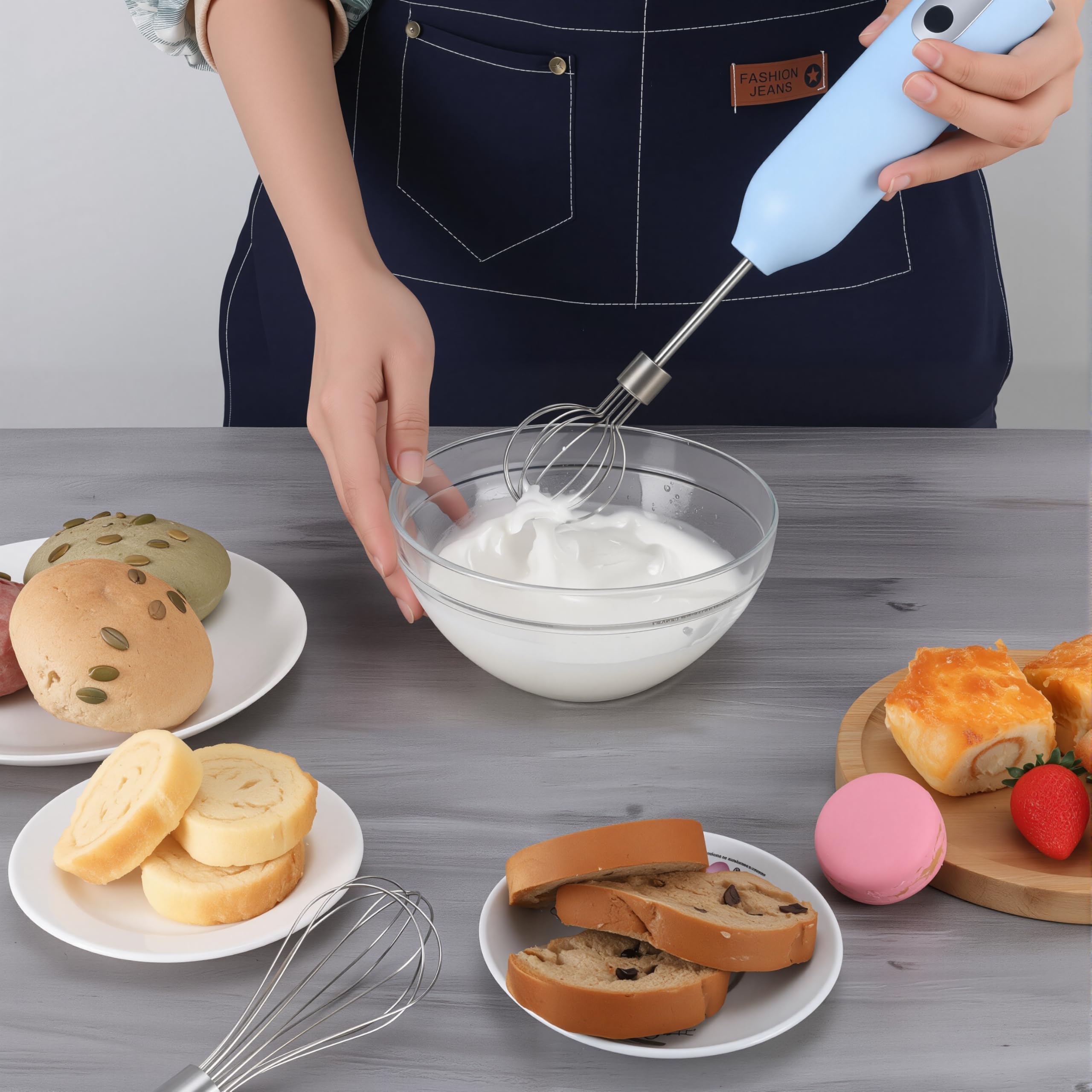 VOMELON Wireless Electric Egg Beater Whisk - Multi-speed, Light Blue, Rechargeable for Eggs, Milkshakes, Sauces & Soups