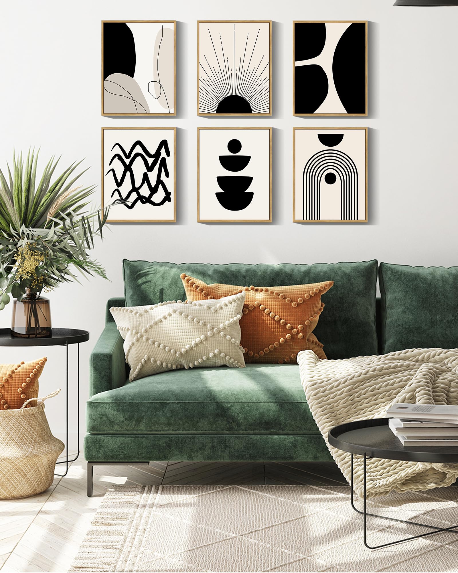 ???????????? Black Abstract Boho Wall Art Minimalist Geometric ???????????? Wood Wall Decor Boho Room Decor Black Beige Art Canvas Painting Mid Century Modern Prints Bohemian Posters for Bedroom Kitchen Office Home Decor   8x10inx6pcs (Framed)