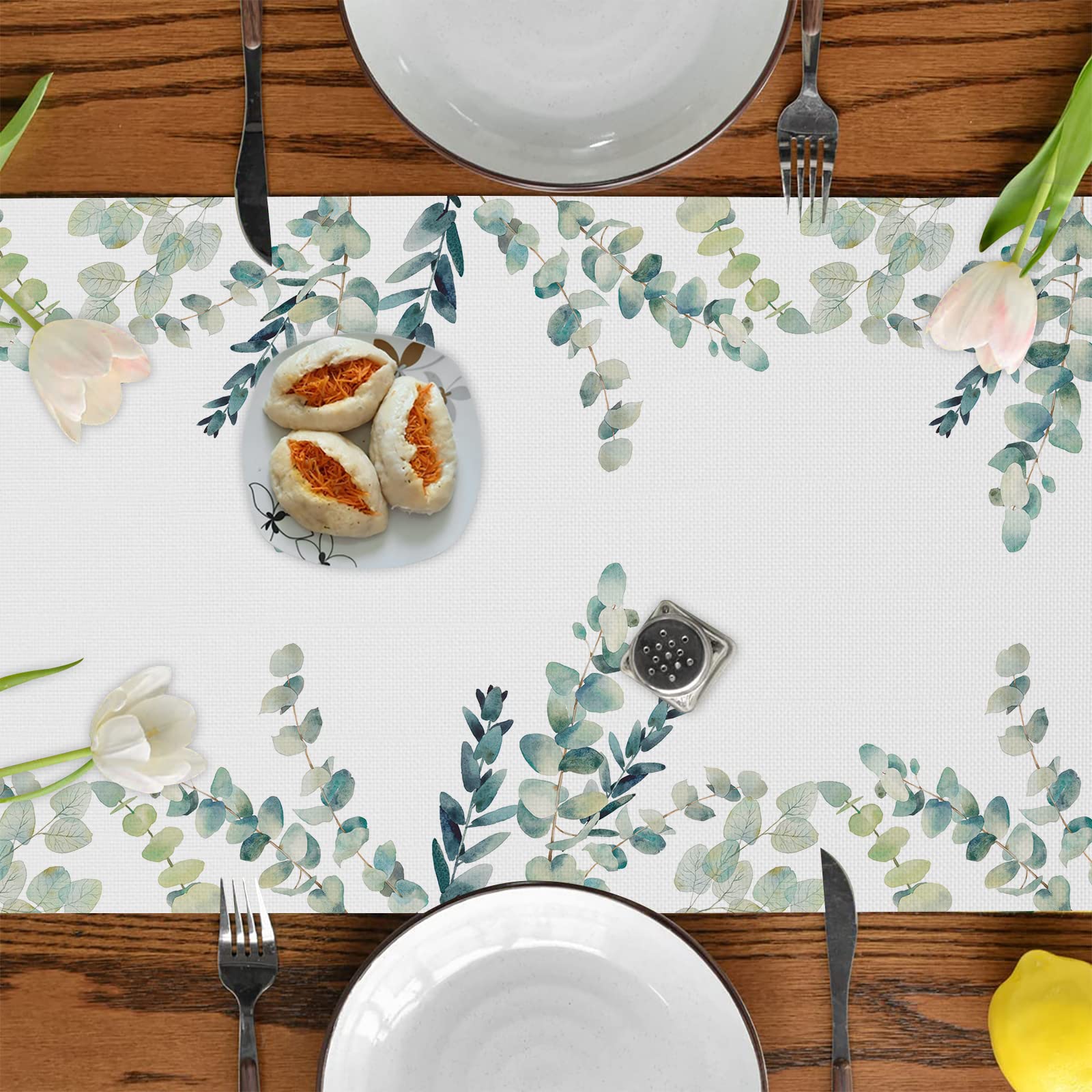 Fjpt Eucalyptus Linen Table Runner 72 Inches Long,Summer Spring Table Runner Kitchen Decor For Home Party And Dining Room Dresse