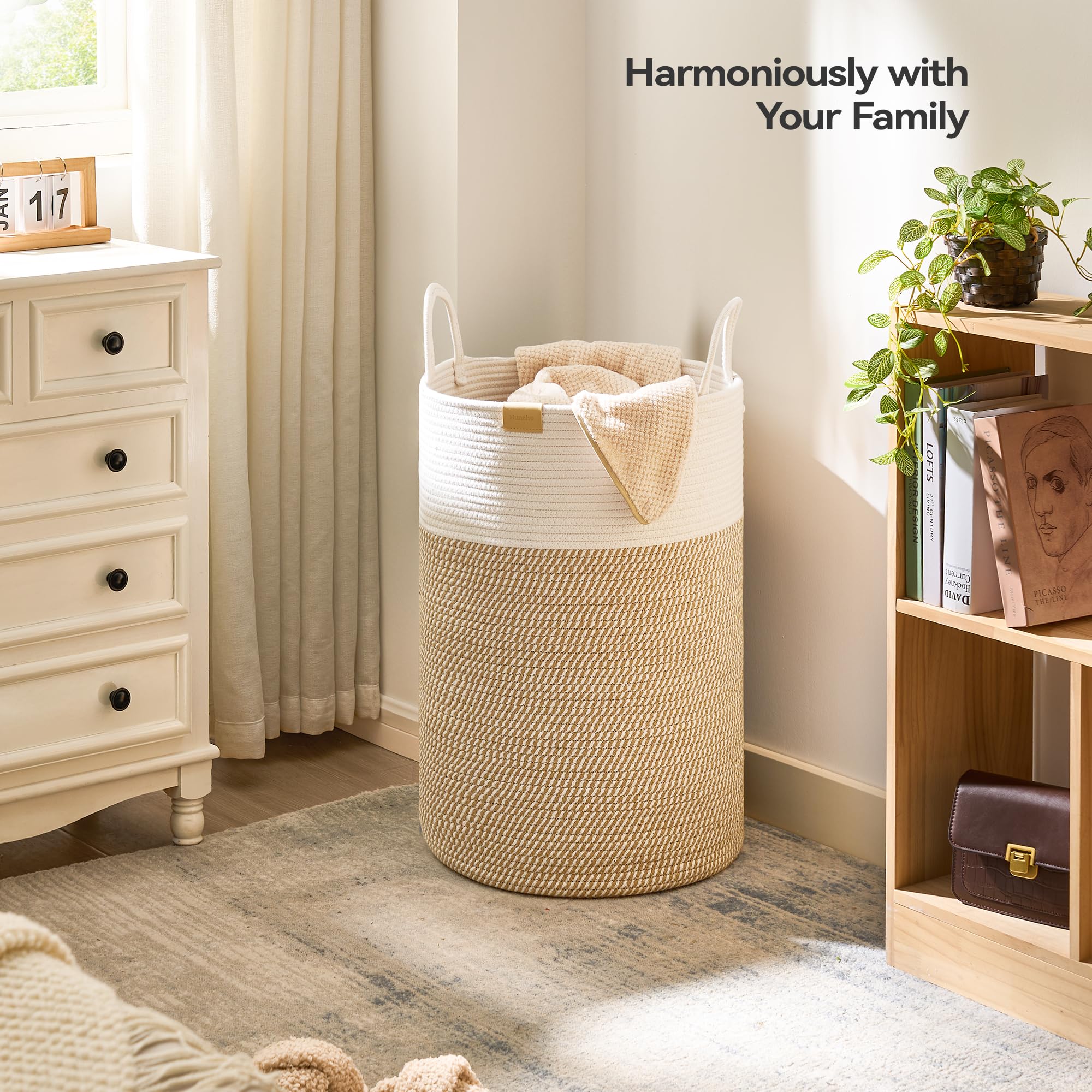 Nunsino 75L Laundry Hamper Basket,Baby Nursery Woven Storage Basket For Toys Bin,Pillows,Blankets,Clothes,Brown&White