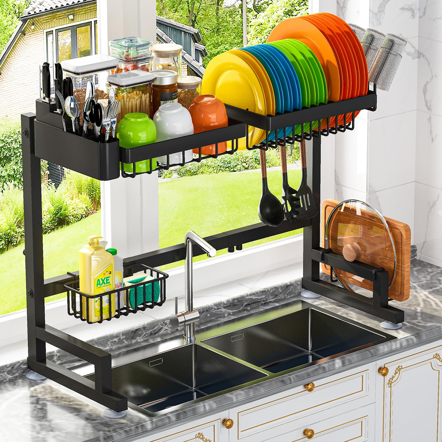 Adbiu Fit Sink 24.5''- 35.5'' L Over Sink Dish Drying Rack (Expandable Dimension) Snap-On Design 2 Tier Large Kitchen Dish Rack