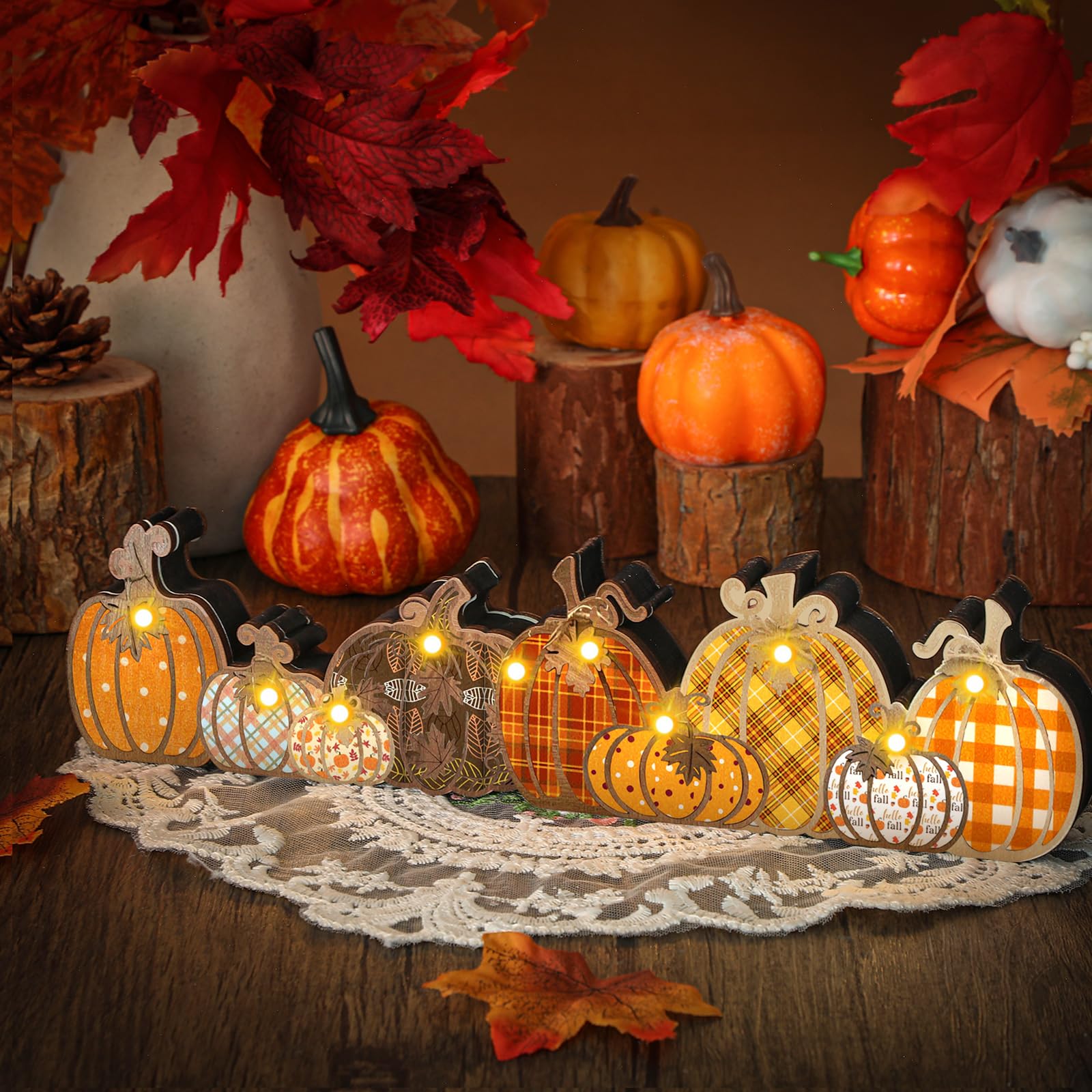Yousoontic Thanksgiving Fall Pumpkin Decor Table Centerpieces Halloween Wooden Pumpkin Sign Decorations with LED Lights 3D Block