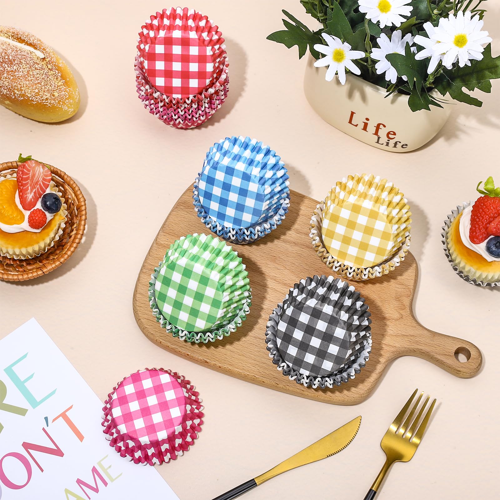 Whaline 600Pcs Buffalo Plaid Cupcake Liners Colorful Gingham Cupcake Wrappers Checkered Baking Cups Muffin Baking Liners For Bab