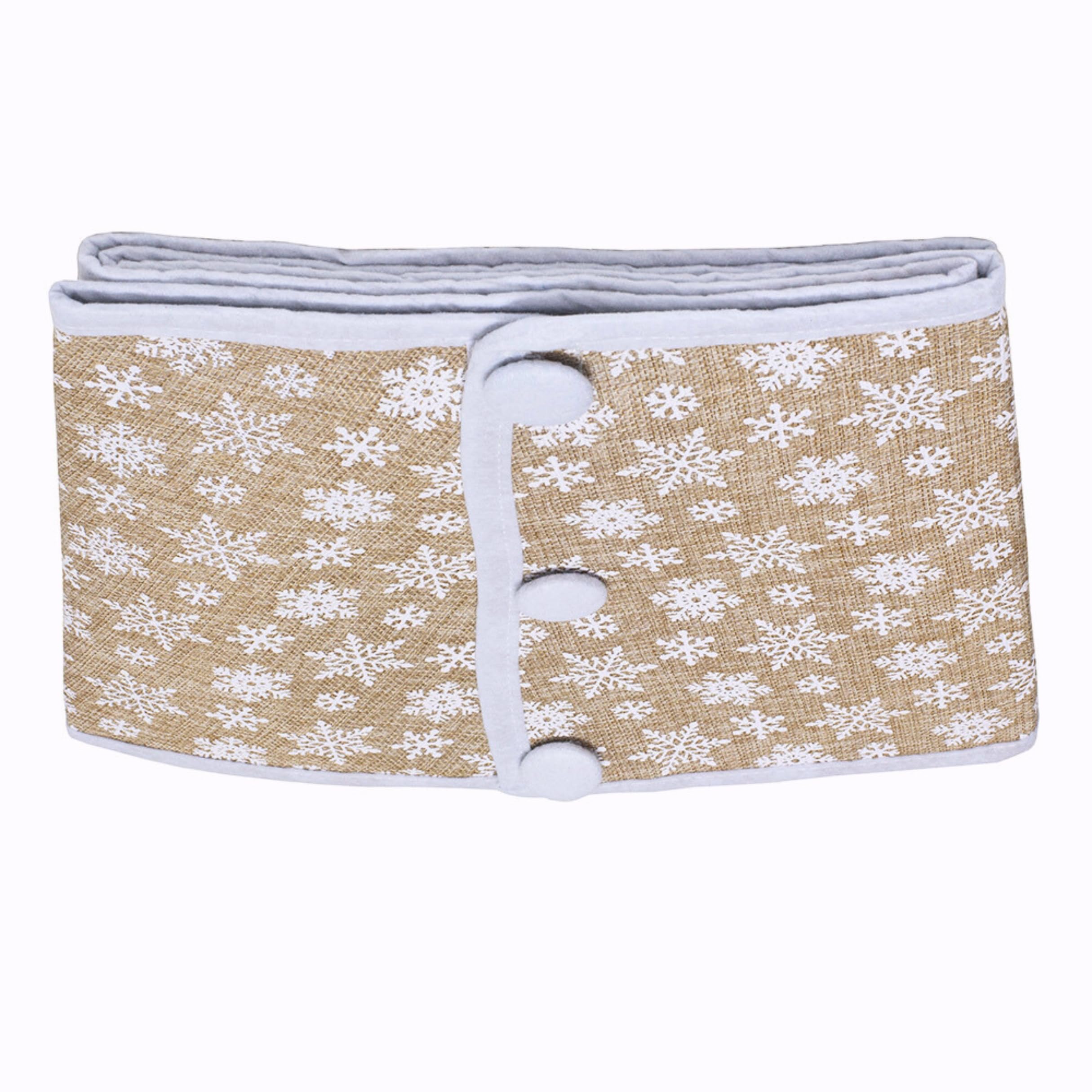 New Traditions Tan Burlap Christmas Tree Collar with White Snowflakes - 26 Diameter Fabric Stand Band for Artificial & Natural T