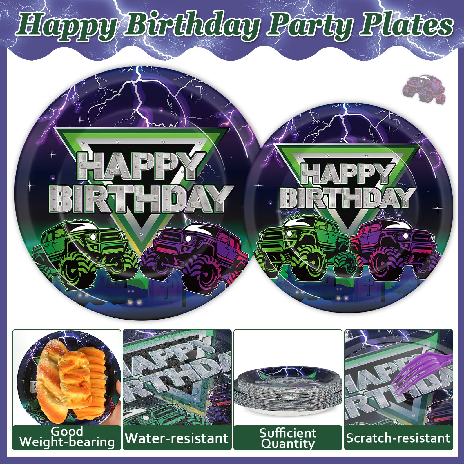96 Pcs Monster Truck Party Supplies Decorations Truck Happy Birthday Party Plates Green Purple Monster Truck Tableware And Napki