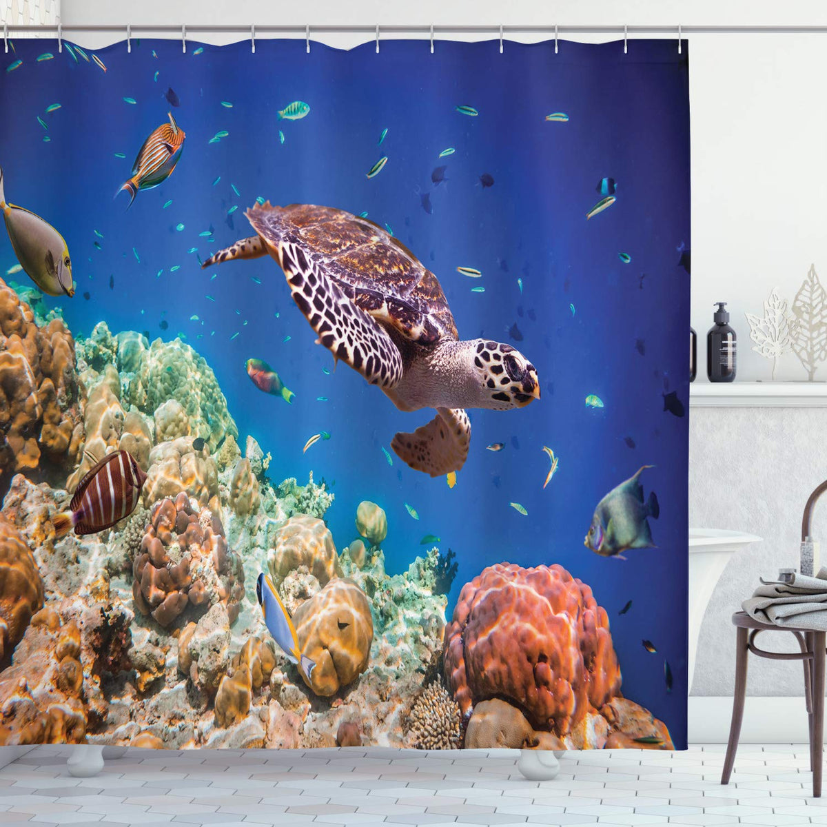 Ambesonne Ocean Shower Curtain, Tropical Sea Turtle Swimming In Sea Maldives Image, Cloth Fabric Bathroom Decor Set With Hooks,