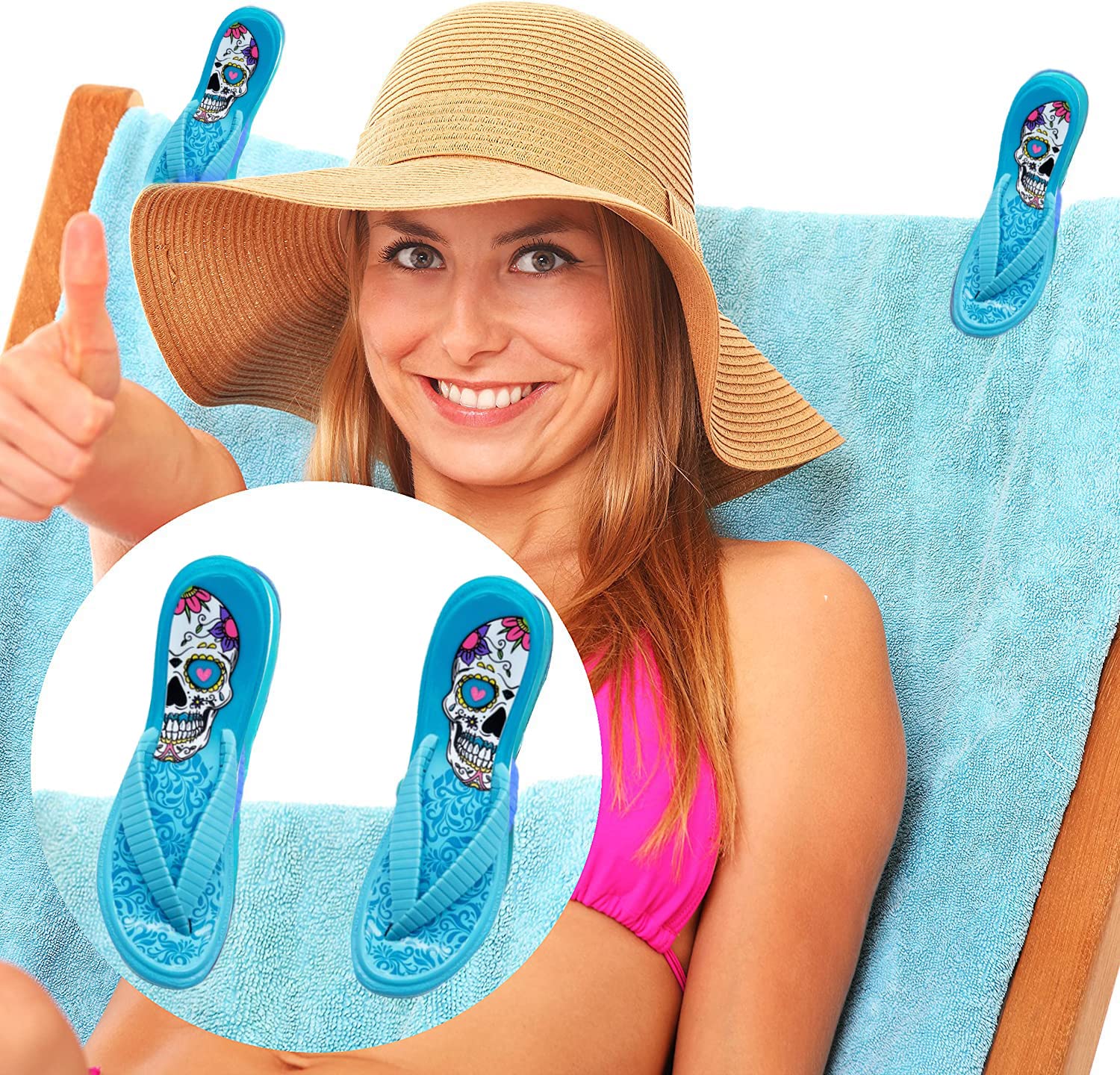 PERFORMORE Flip Flop Beach Towel Clips (Blue)  Set of 2  Portable Towel Holder Clips  Secure Clips for Beach Chairs Deck Patio Pool Boat Cruise Lounge Chair Accessories