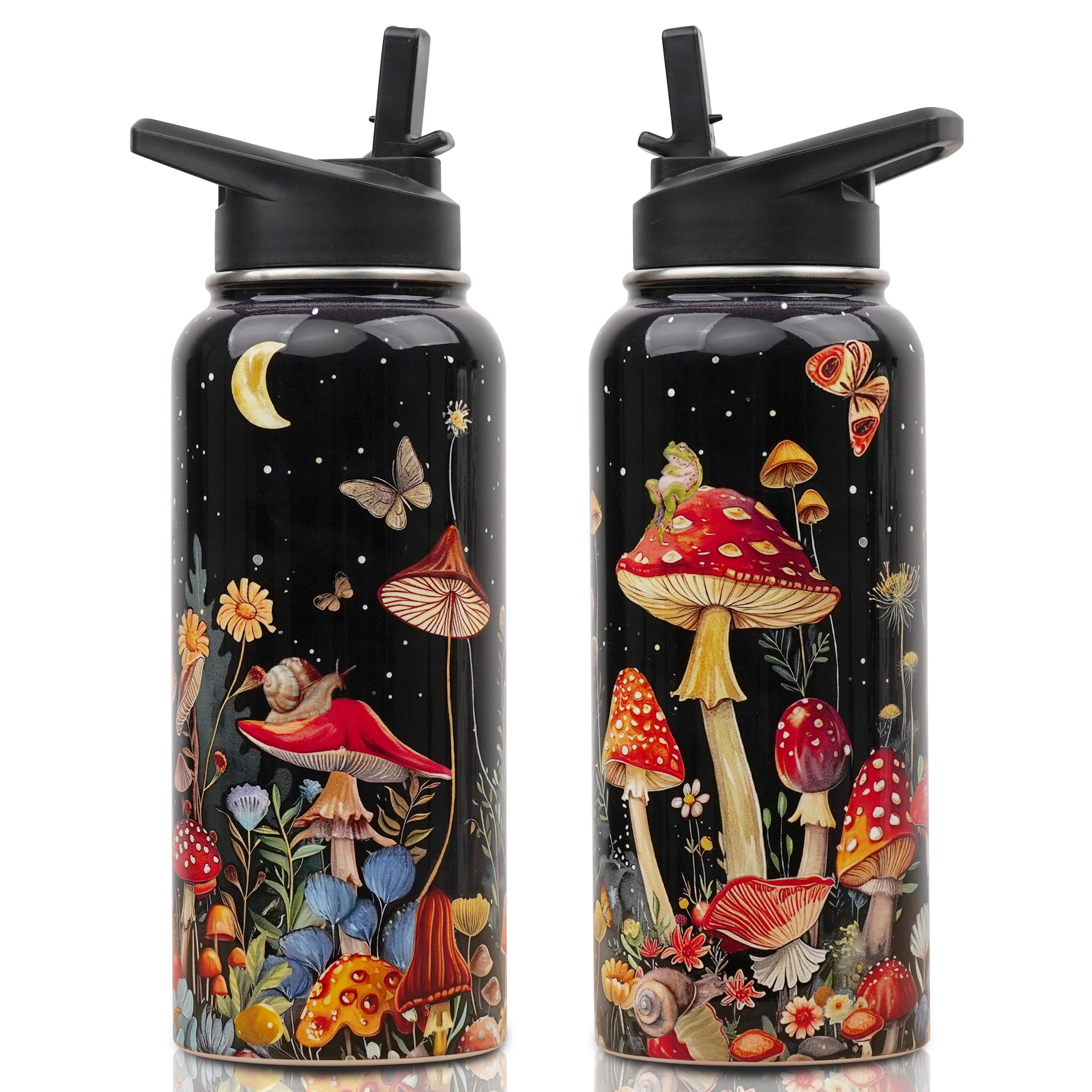 Insulated Water Bottle 32 oz, Mushroom Water Bottle with Straw and Lid, Reusable Leakproof Water Bottle Stainless Steel, Mushroo