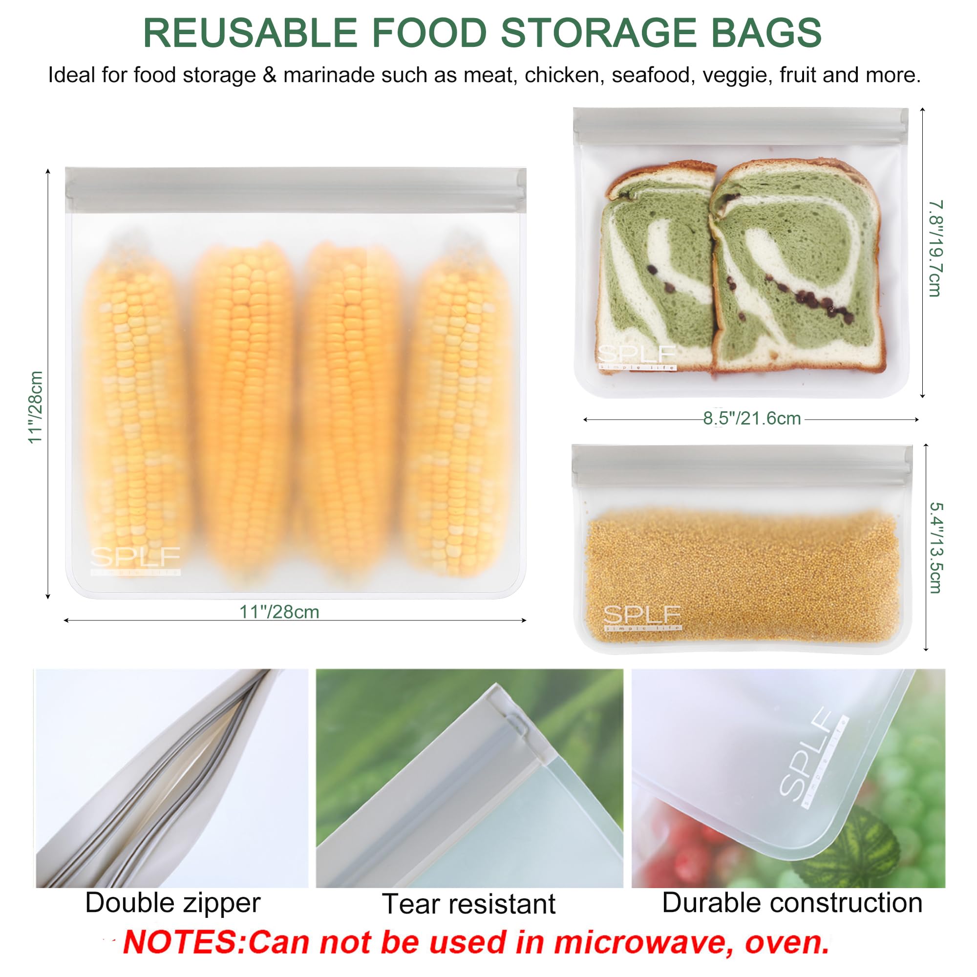 SPLF 12 Pack Dishwasher Safe Reusable Storage Bags(5 Reusable Sandwich 5 Snack 2 Gallon), Extra Thick Freezer Bags Leakproof Sil