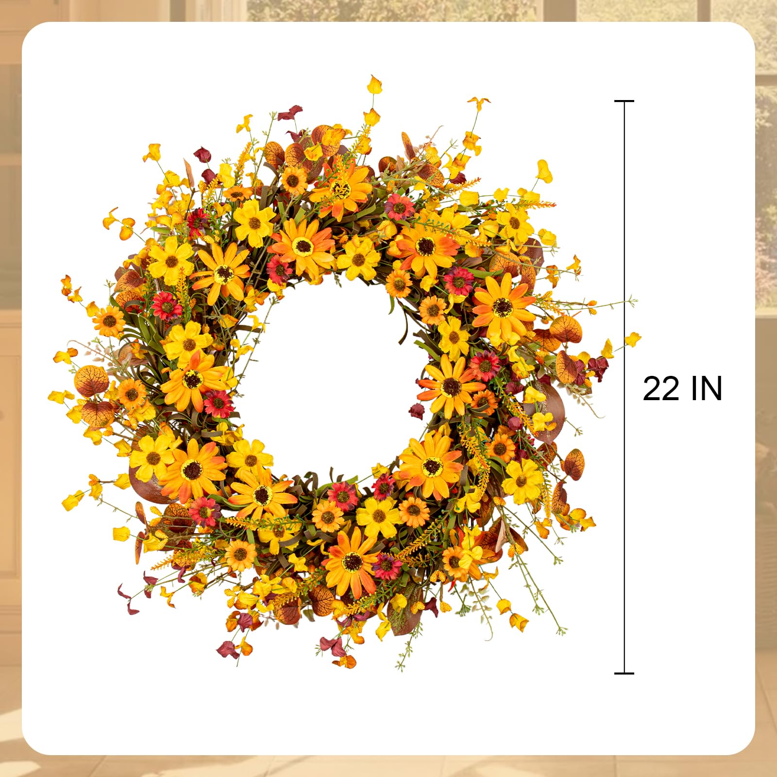 VioletEverGarden Fall Wreaths for Front Door 22 Inch Artificial Fall Wreath Orange Autumn Wreath with Berries and Eucalyptus Lea