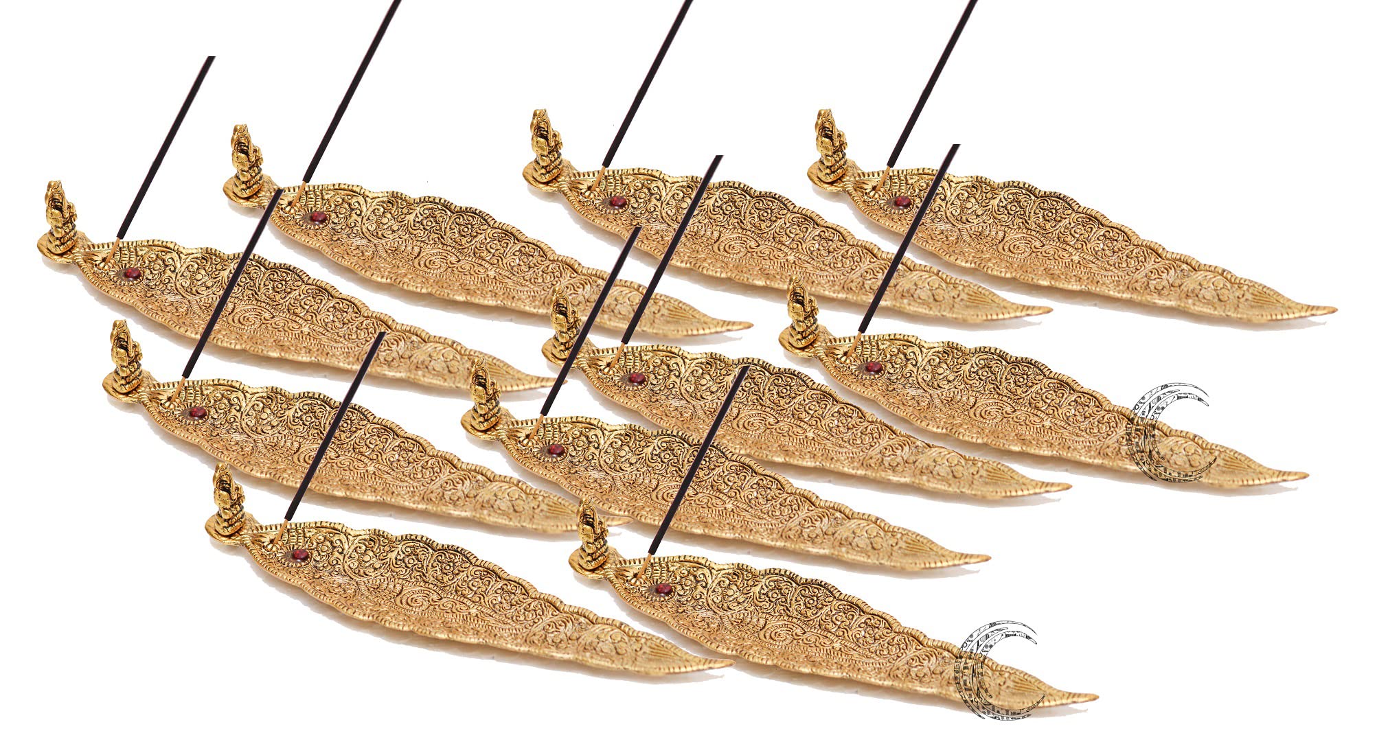 Crafticia Aluminum Incense Holder & Ash Catcher Agarbatti Stand Featuring Ganesh Figurine (9x2 inch) (Gold Incense, 10)