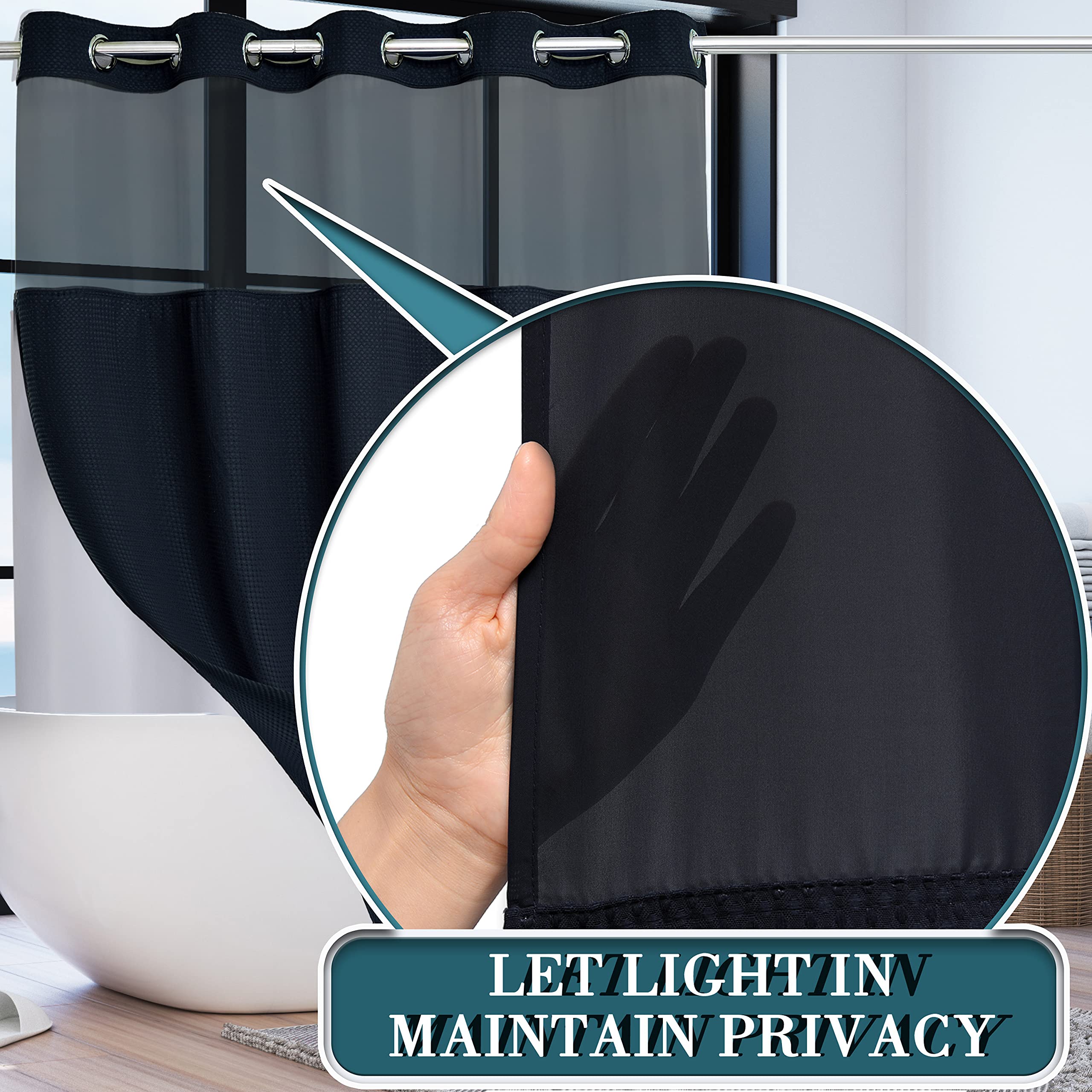 Conbo Mio Waffle Weave Hotel Style Shower Curtain with Snap in Liner for Bathroom Waterproof Machine Washable Shower Curtain (Waffle-Black 71''(W) x 84''(H))