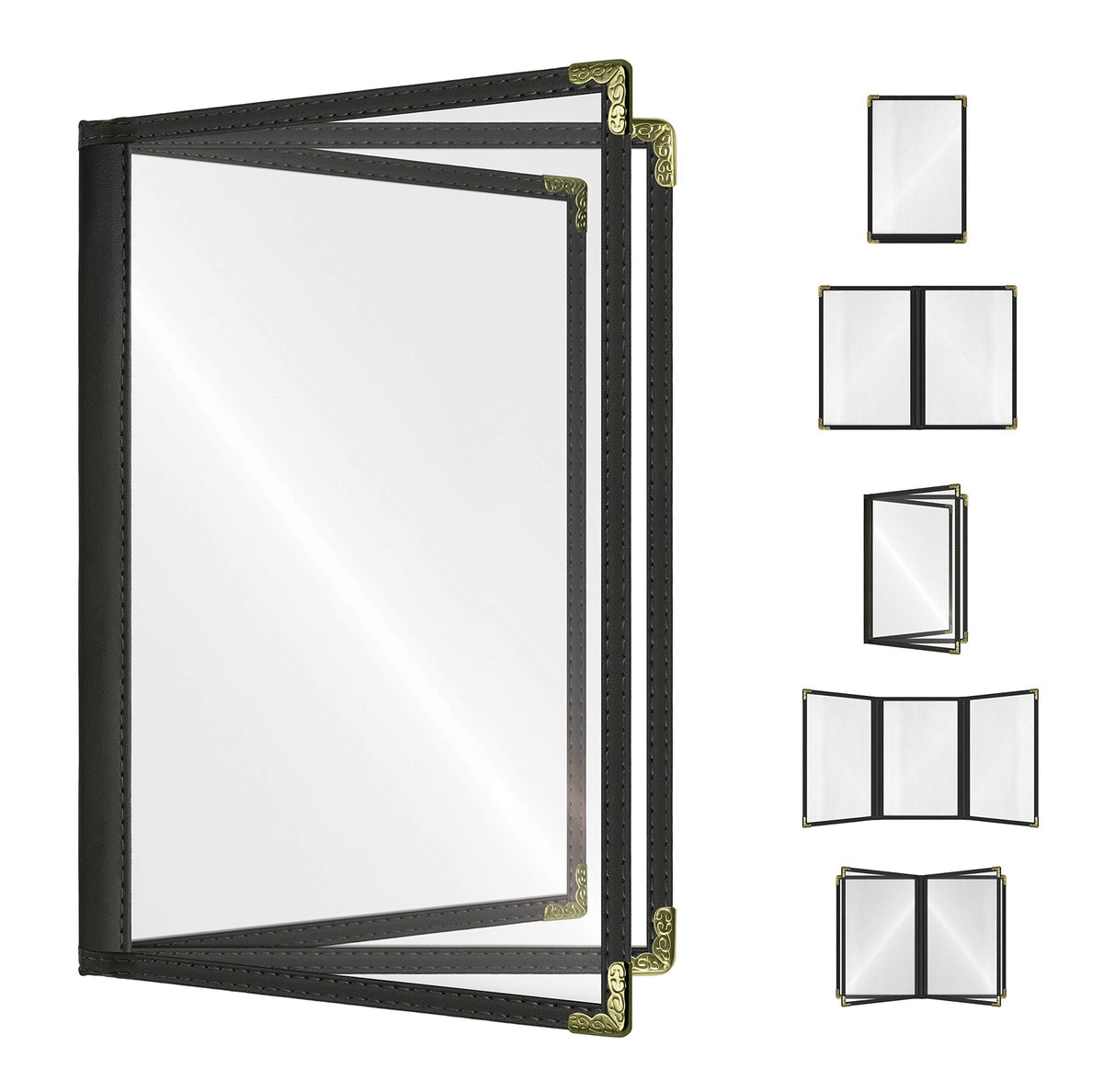 Black, 25 Pack, 3 Pages / 6 Views Booklet - 8.5 '' X 14 '', Cafe Style Menu Cover, Side-Loading Double Stitched Edge, Crystal Cl