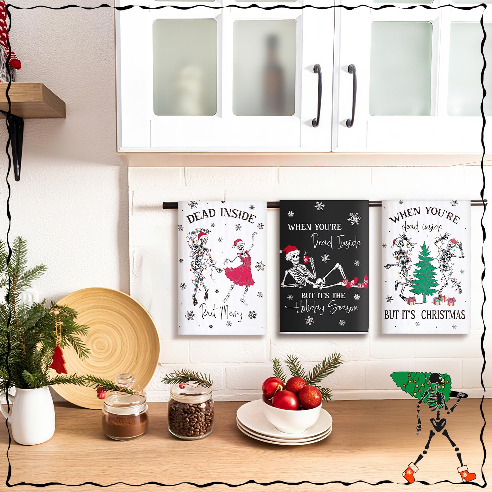 Bencailor 6 Pcs Christmas Skull Kitchen Towels Gothic Spooky Christmas Dish Hand Towels Funny Skeleton Xmas Tree Tea Washcloth f