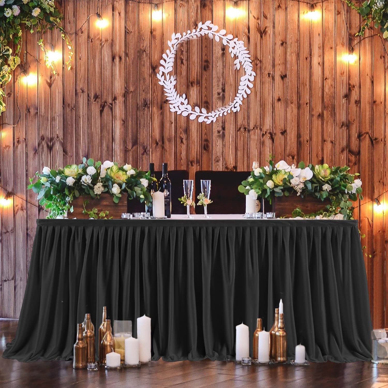 Partisky Black Polyester Table Skirt for Rectangle Tables 12ft  Wrinkle Resistant Pleated Ruffle Table Cloth for Banquet Wedding Trade Baby Shower Display Gift Dining Table