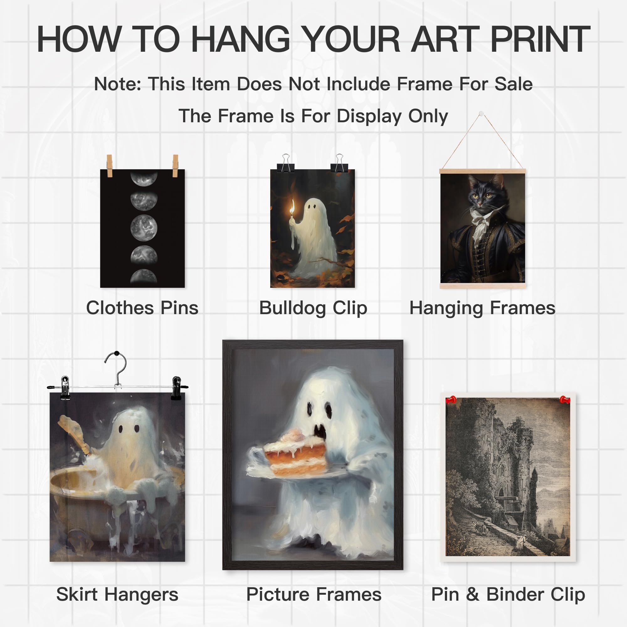 Putuo Decor Ghost Decor, 9Pcs Ghost Prints Wall Art Funny Black Cat Ghost Canvas Wall Decor, Dark Academia Room Decor, Creepy Ba