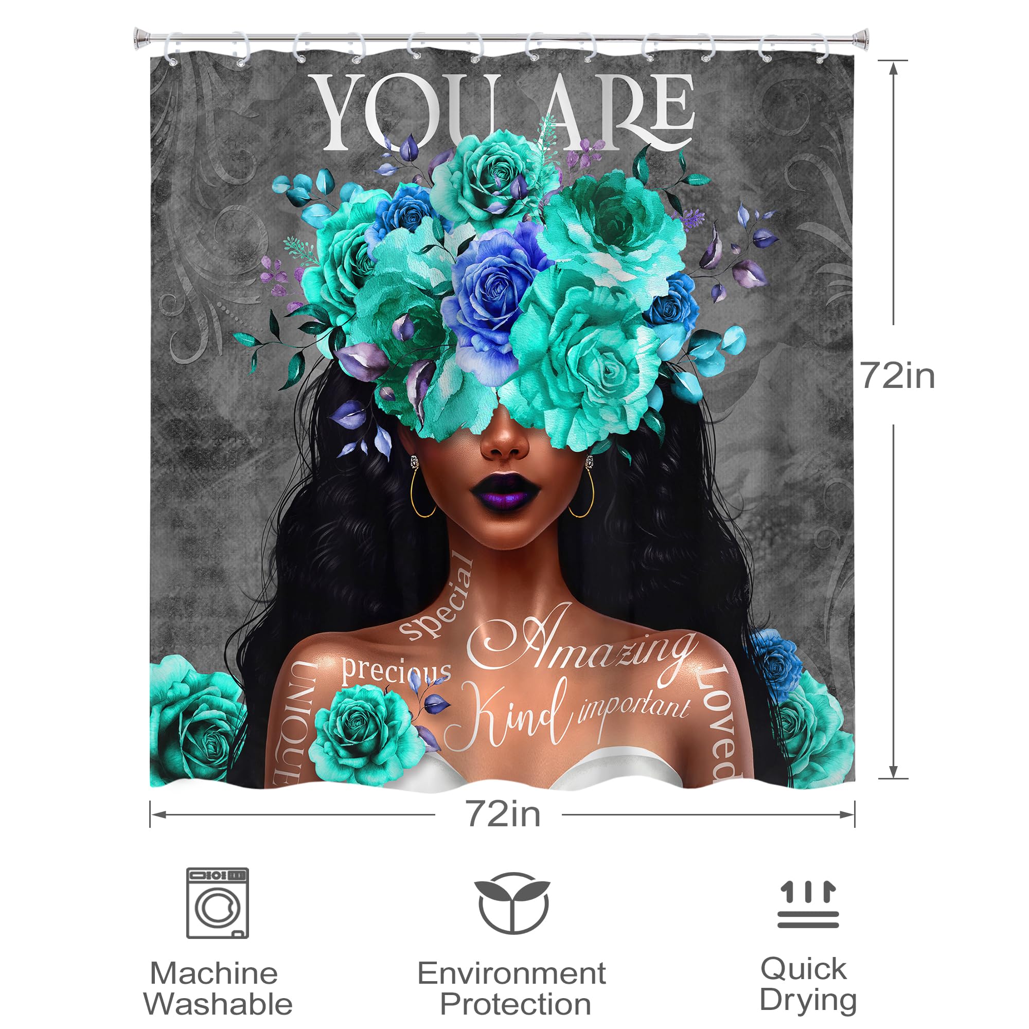 Omifly African American Woman Shower Curtain 72Wx72H Inch Black Girl Teal Flower Rose Inspirational Quotes You Are Aesthetic Mod