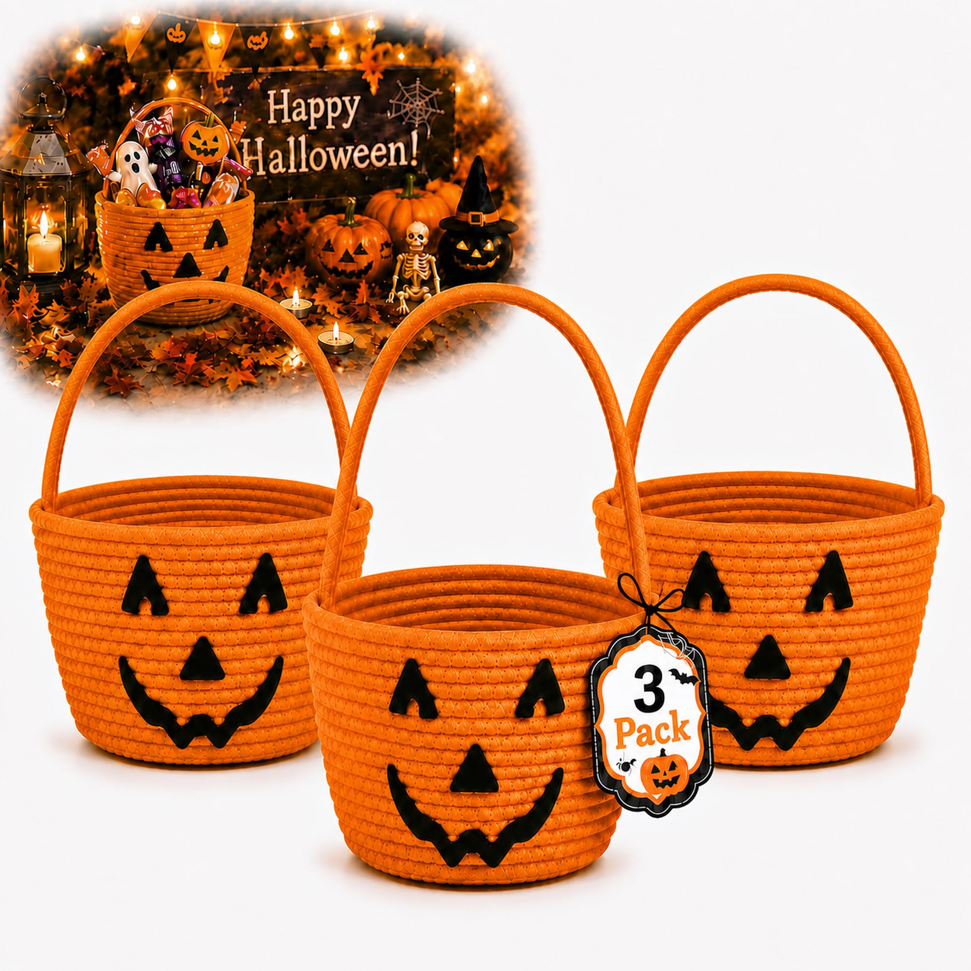 ABEKLE 3 Pack Halloween Basket for Kids, Cotton Rope Pumpkin Candy Bucket