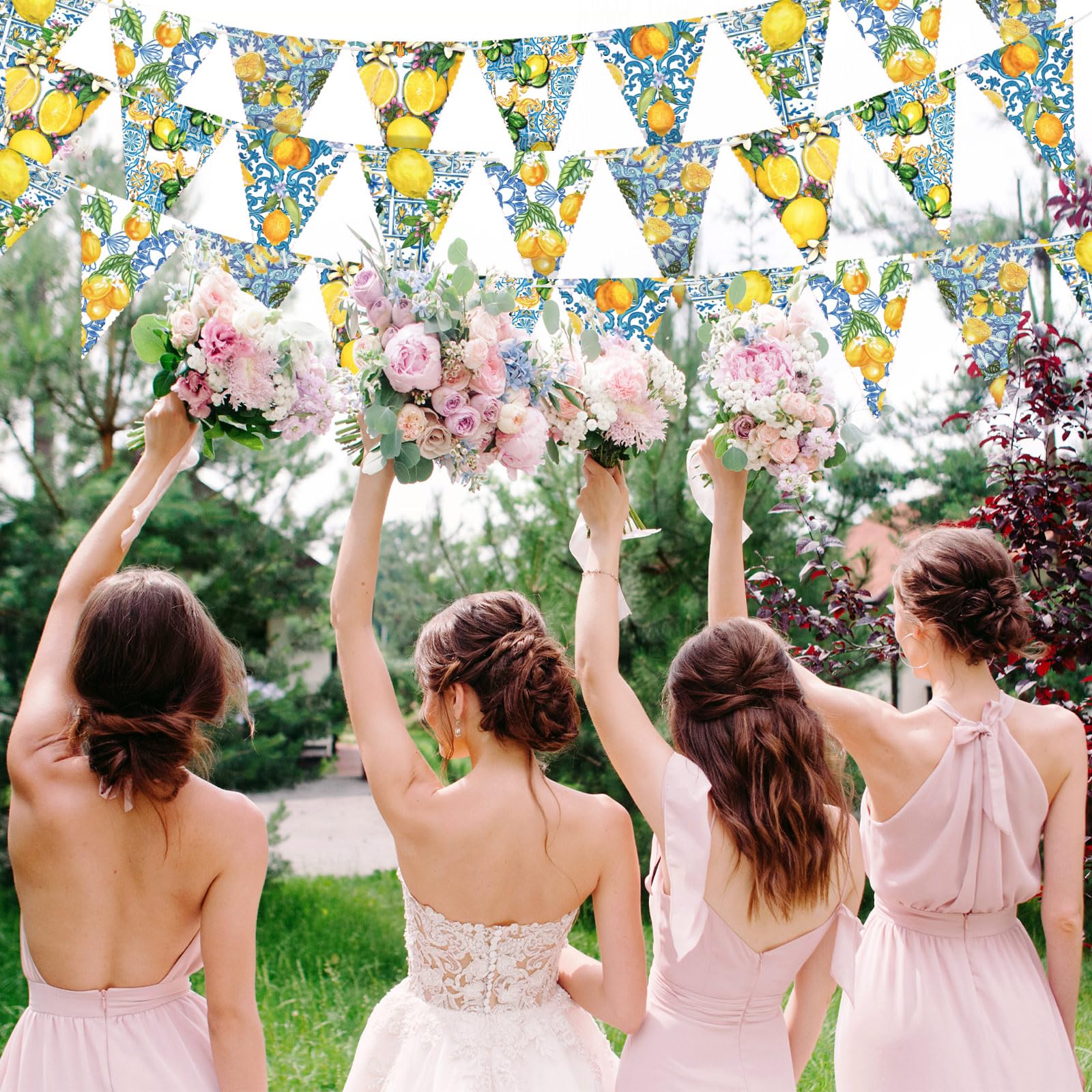 5 Pieces Blue Tiles Lemon Decor Lemon Bunting Banners Blue Tiles Paper Pennant Garlands Lemonade Hanging Triangle Flags for Wedd