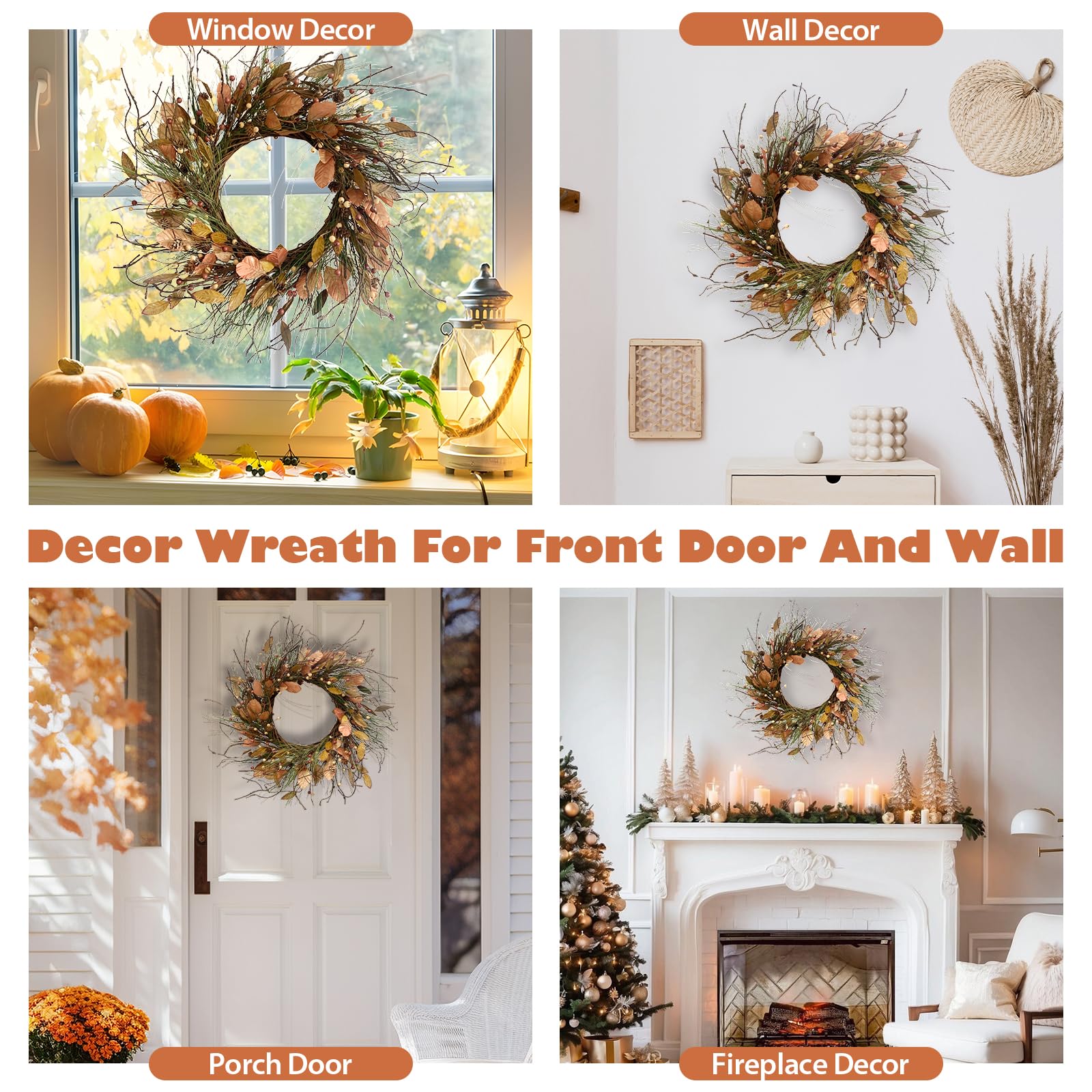 26 Inch Fall Wreath for Front Door Pip Berry Pinecone Autumn Wreath with Pine Needle and Magnolia Leaves, Large Grapevine Wreath