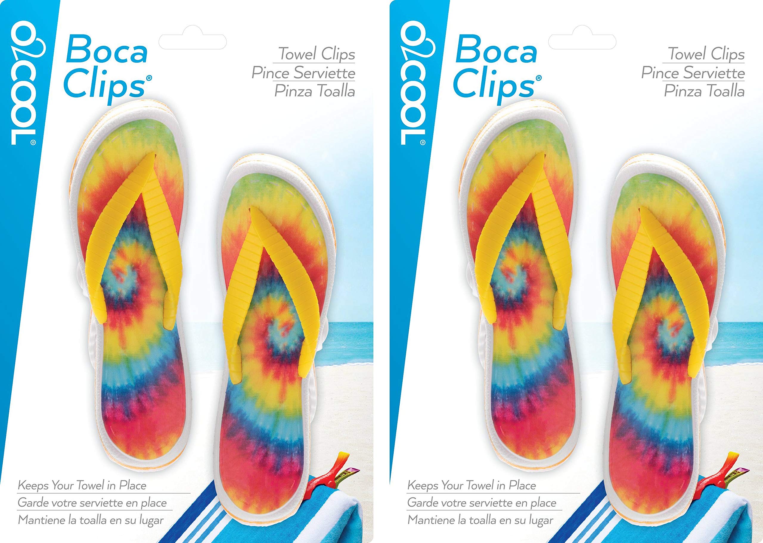 O2Cool Bocaclips - Beach Towel Clips For Beach Chairs, Patio And Pool Accessories Clothes Pins Or Bag Clips - (Tye Die Flip Flop