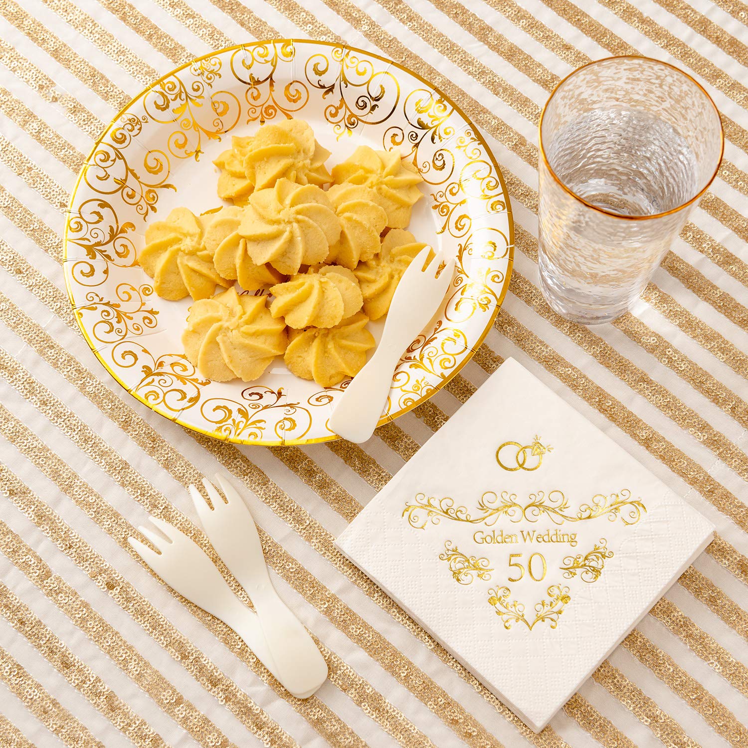 Crisky 50Th Anniversary Gold Plates, Golden Wedding Anniversary Party Decorations Dessert, Buffet, Cake Disposable Plates, Celeb