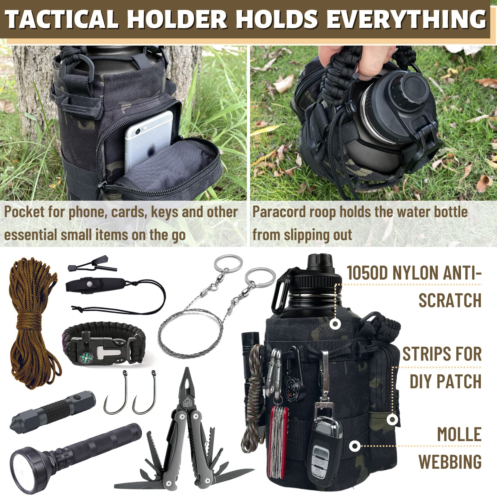 Defunx 64 Oz Water Bottle Insulated With Sleeve (Camo Black) - Half Gallon Water Jug With Handle - Stainless Steel Sports Water