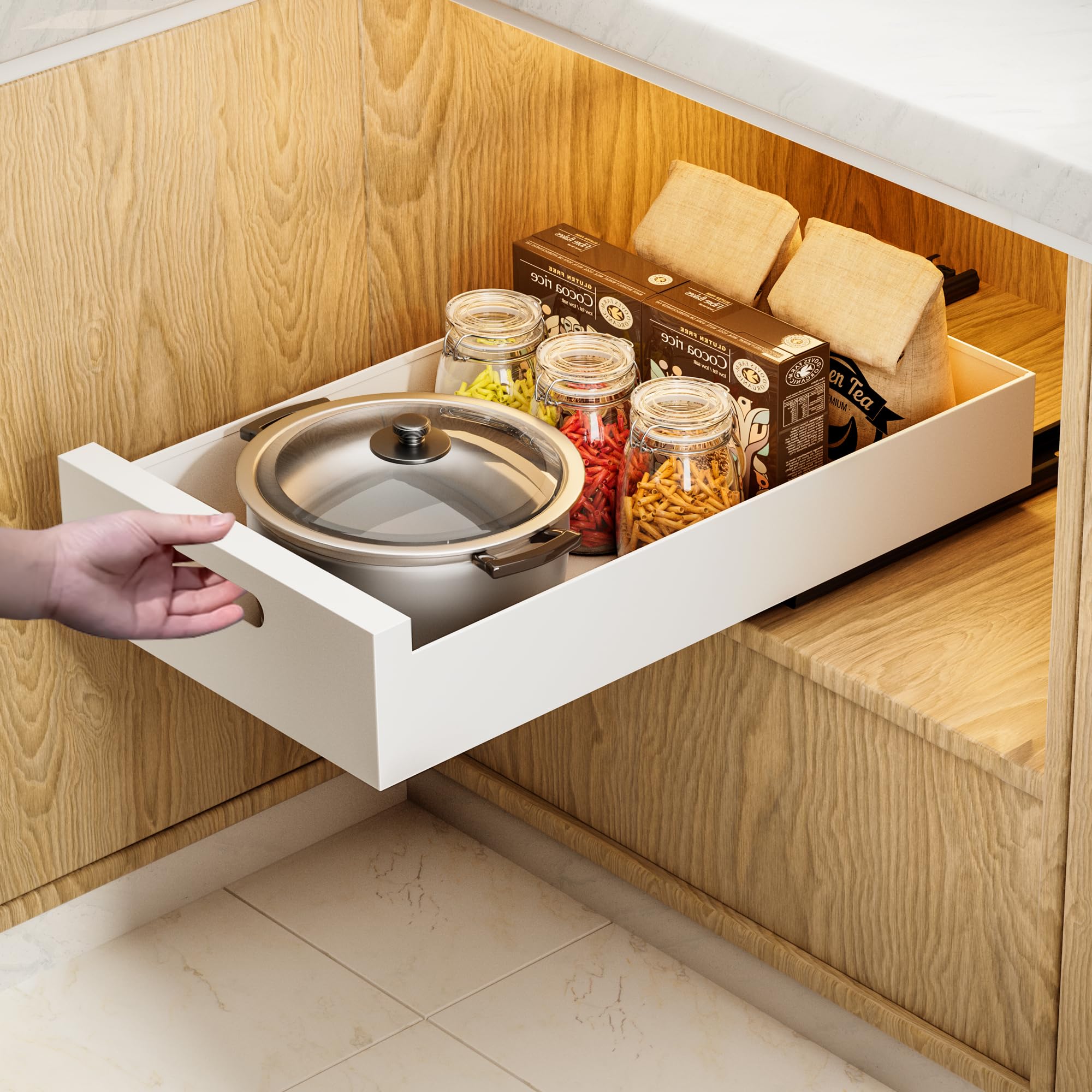 HBL 1 Pack | 21 Deep Pull Out Cabinet Organizer Adhesive, 10Inch Wide Sturdy Carbon Steel RollOut Drawers, Designed for Fram
