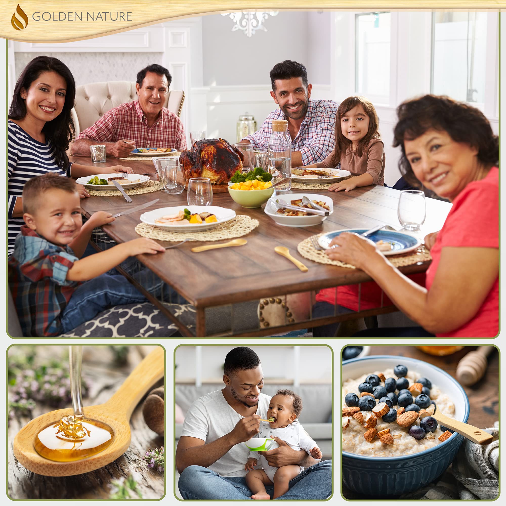 Golden Nature Bamboo Spoon Set (10 Pc), Small Kitchen Teaspoons, Tiny Wooden Spoons Perfect For Sugar, Spices, Seasoning, Coffee