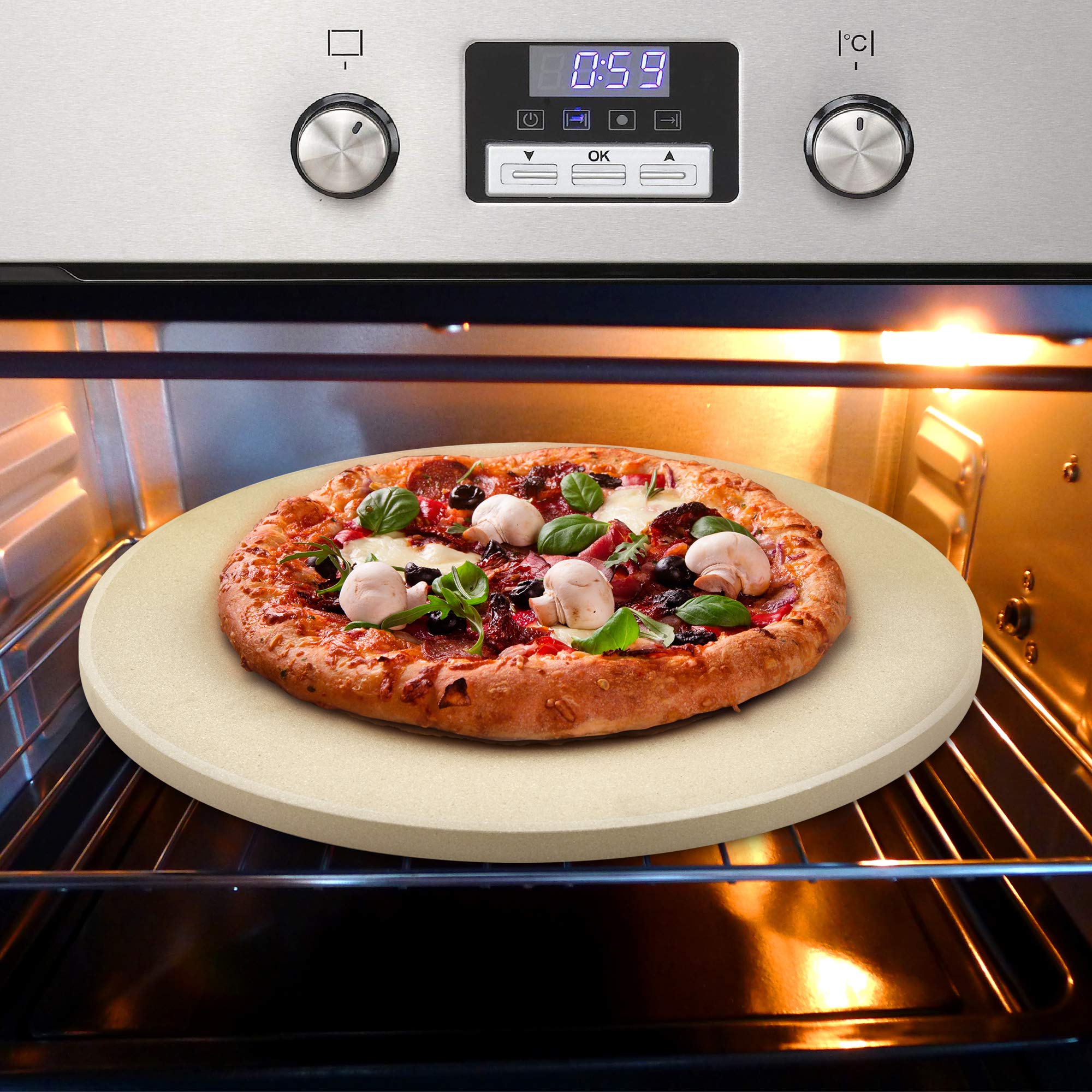 Cook N Home Pizza Grilling Baking Stone With Scraper, Heavy Duty Cordierite 16-Inch Round Bread Stone For Oven And Grill, Therma