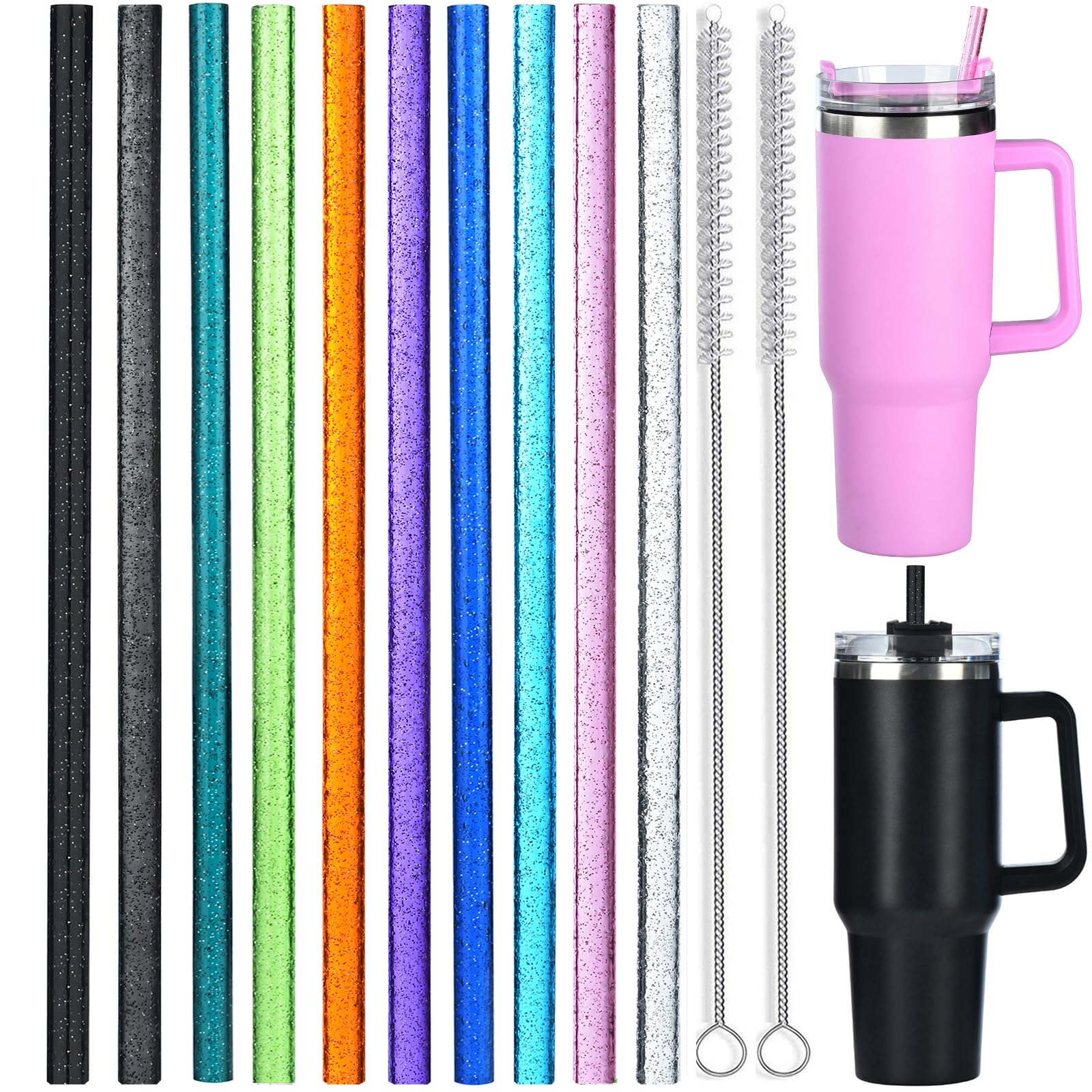 ALINK 10 Pack Color Replacement Straws for Stanley 40 oz 30 oz Tumbler  12 in Long Reusable Plastic Glitter Straws for Stanley Cup Accessories  Half Gallon Jug  Plus 2 Cleaning Brush