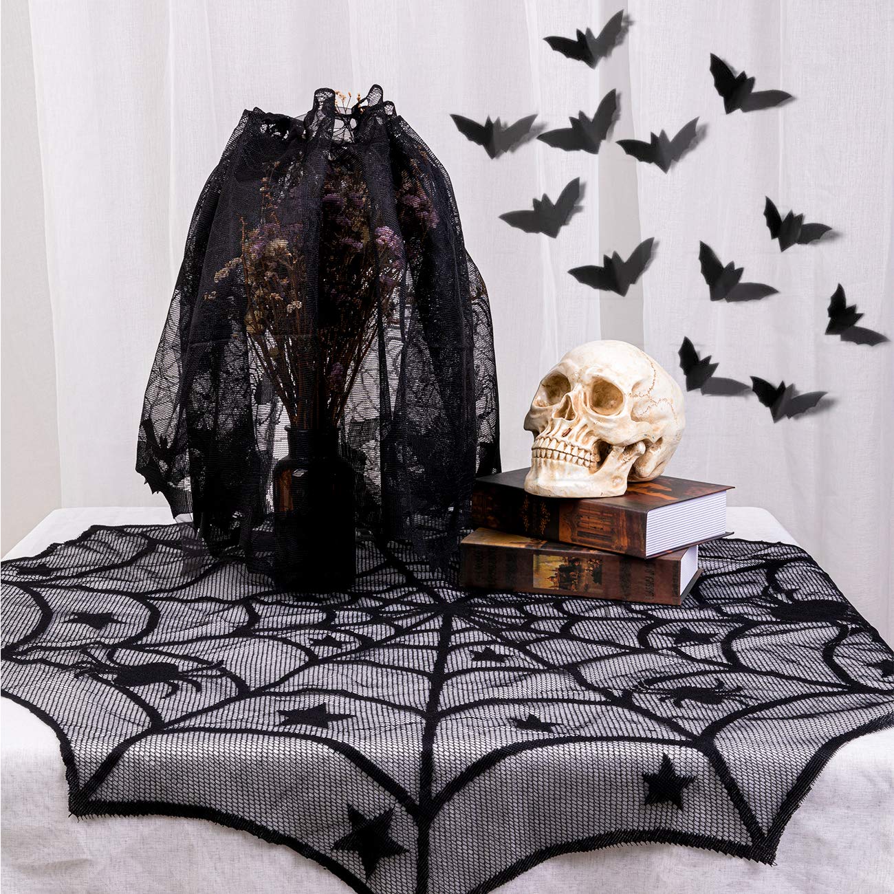 Sunnyglade 8 Pack Halloween Spider Cobweb Lace Tablecloth Set,Fireplace Mantel Scarf & Lace Table Runner & Round Table Cover & S