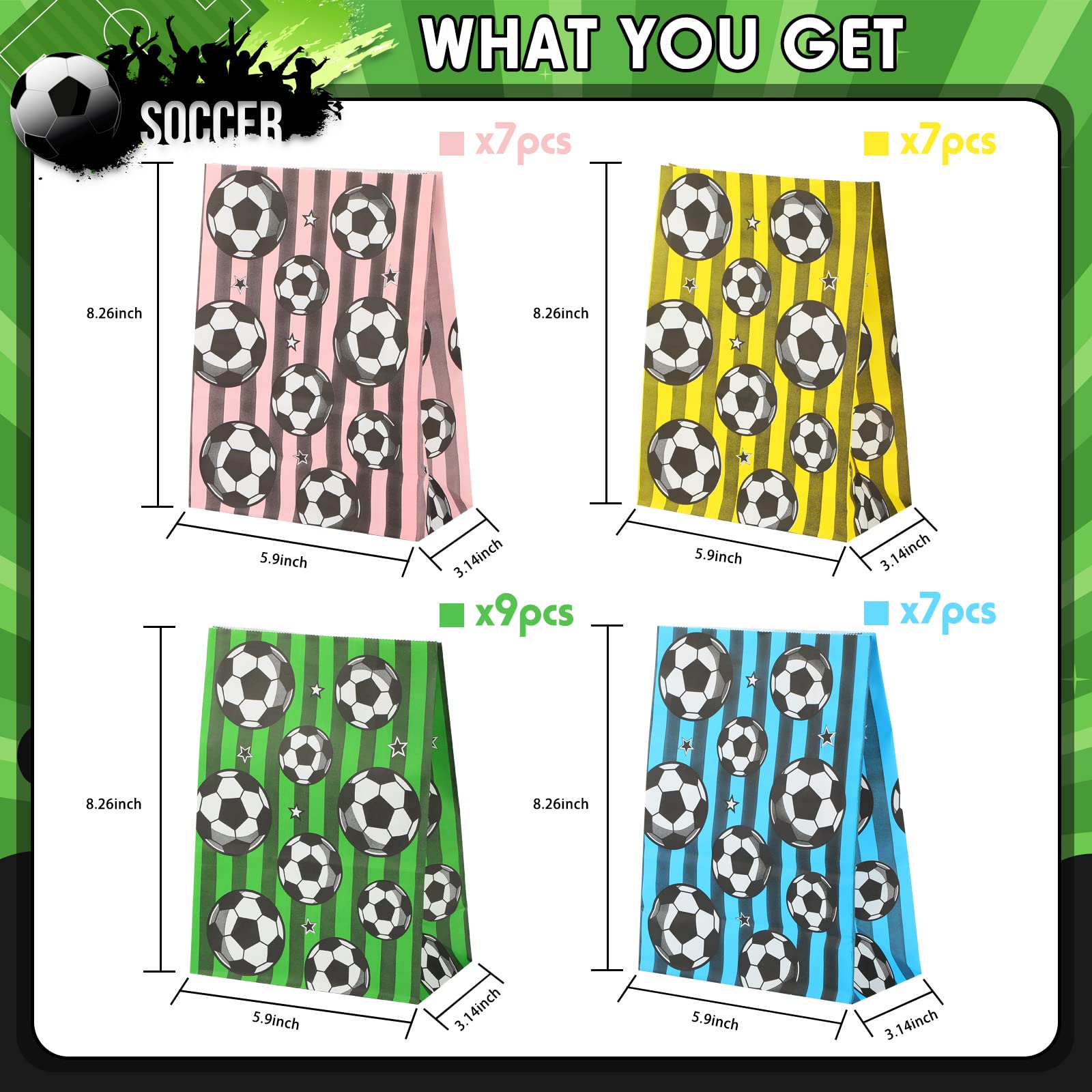 30 Pieces Soccer Party Favor Bags Soccer Themed Birthday Party Supplies  Reusable Candy Bags Party Present Goody Treat for Soccer Party Favors Decor (Green  Blue  Pink  Yellow)