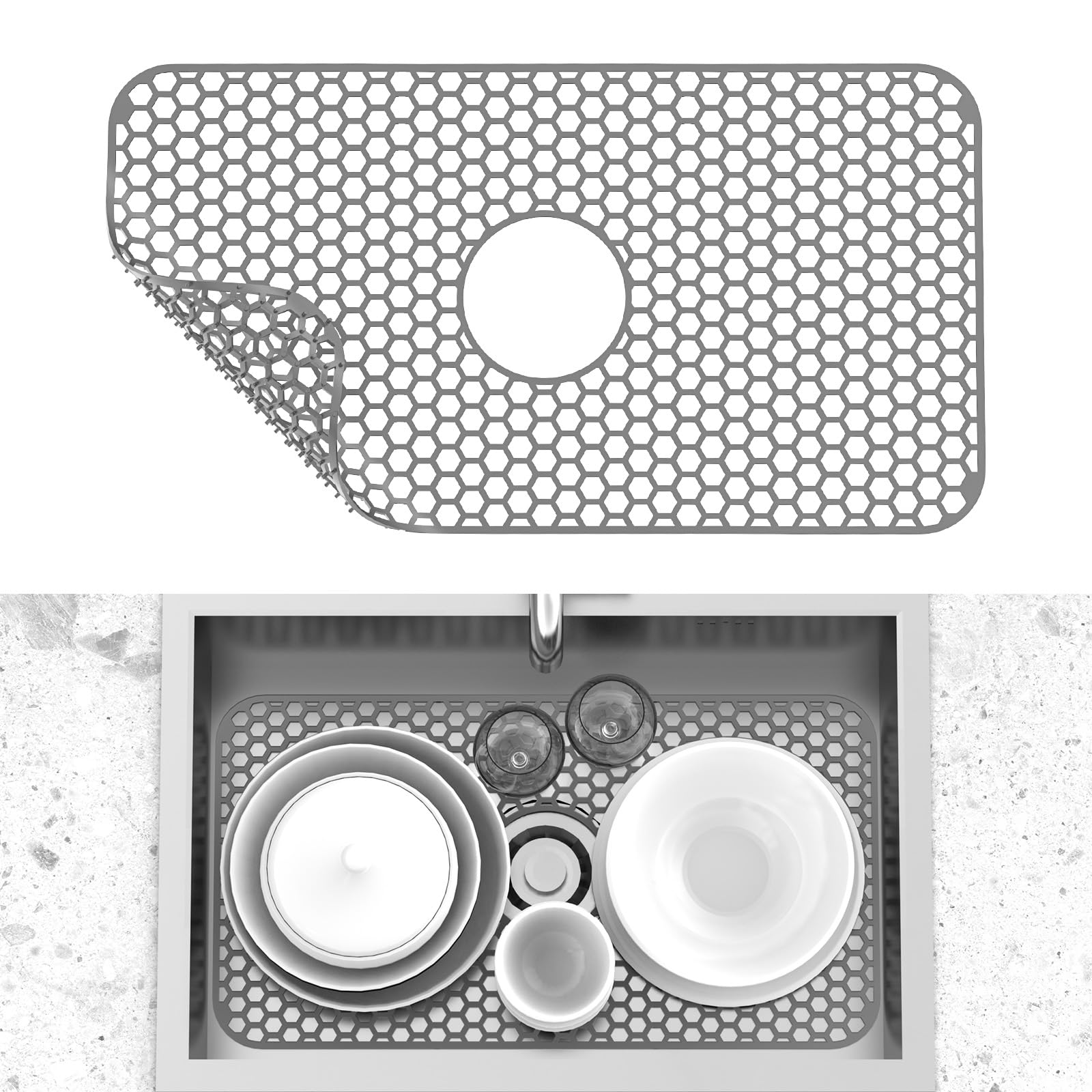 Toovem Silicone Sink Mat, 26 X 14 Inches Sink Protectors For Kitchen Sink With Center Drain, Non Slip, Heat Resistant Flexible S