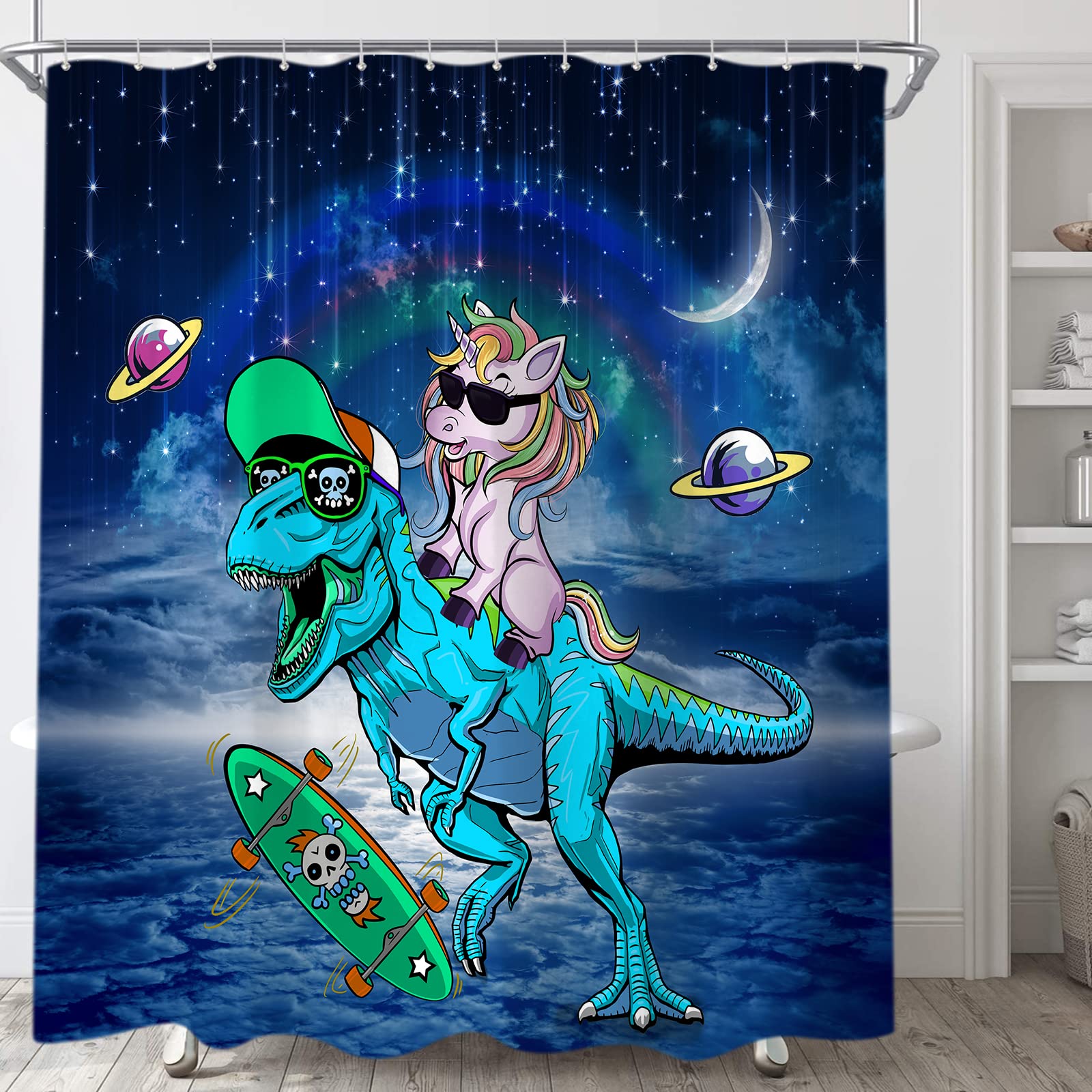 Funny Dinosaur Shower Curtain Set For Kids Bathroom, Cute Unicorn Riding Dinosaur Rainbow Decor Fabric Shower Curtains Sets Gala