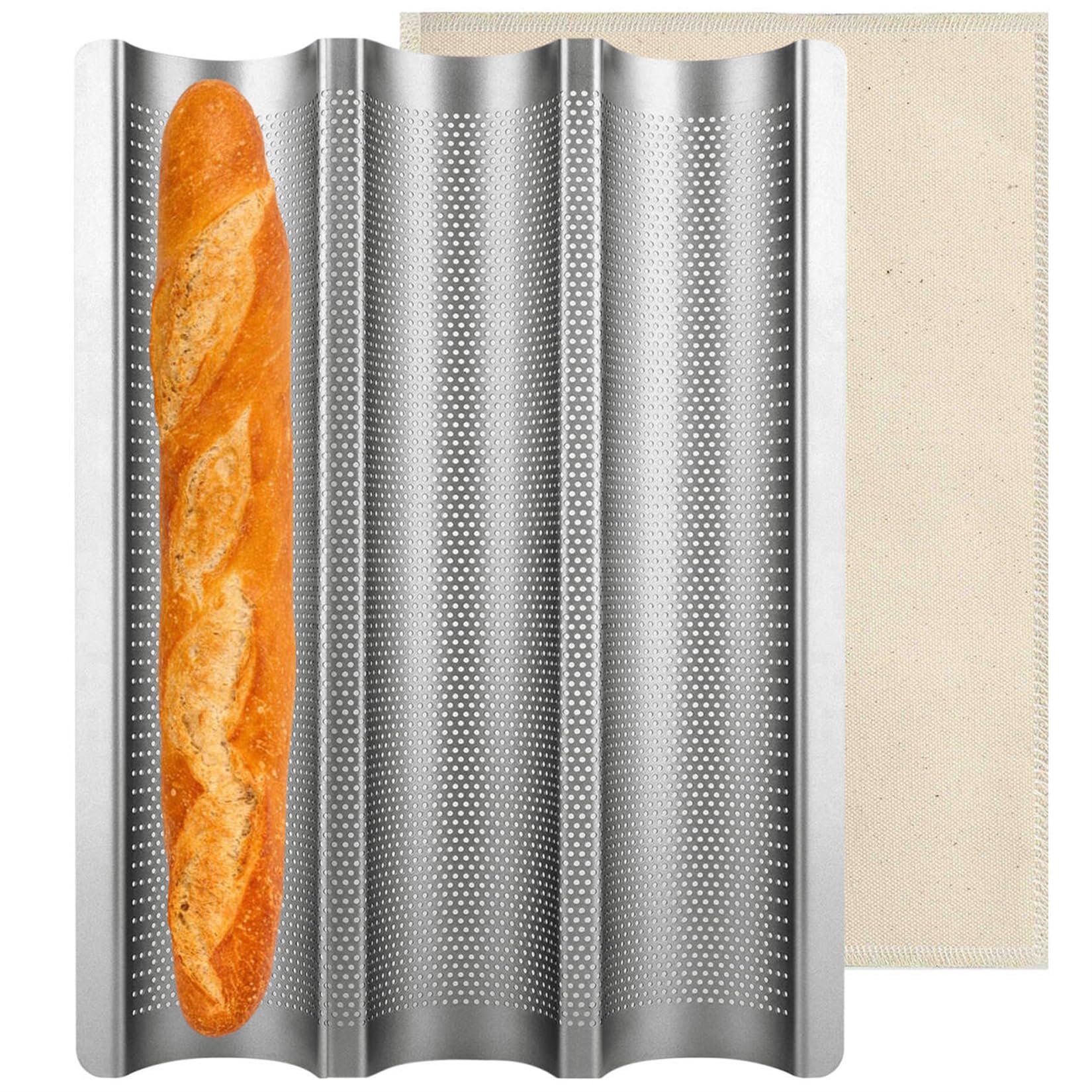 Baguette Pan Nonstick Baguette Pans 3 Loaves French Bread Pan Bread Tray With Thick Proofing Cloth Dough Couche Long Sourdough B