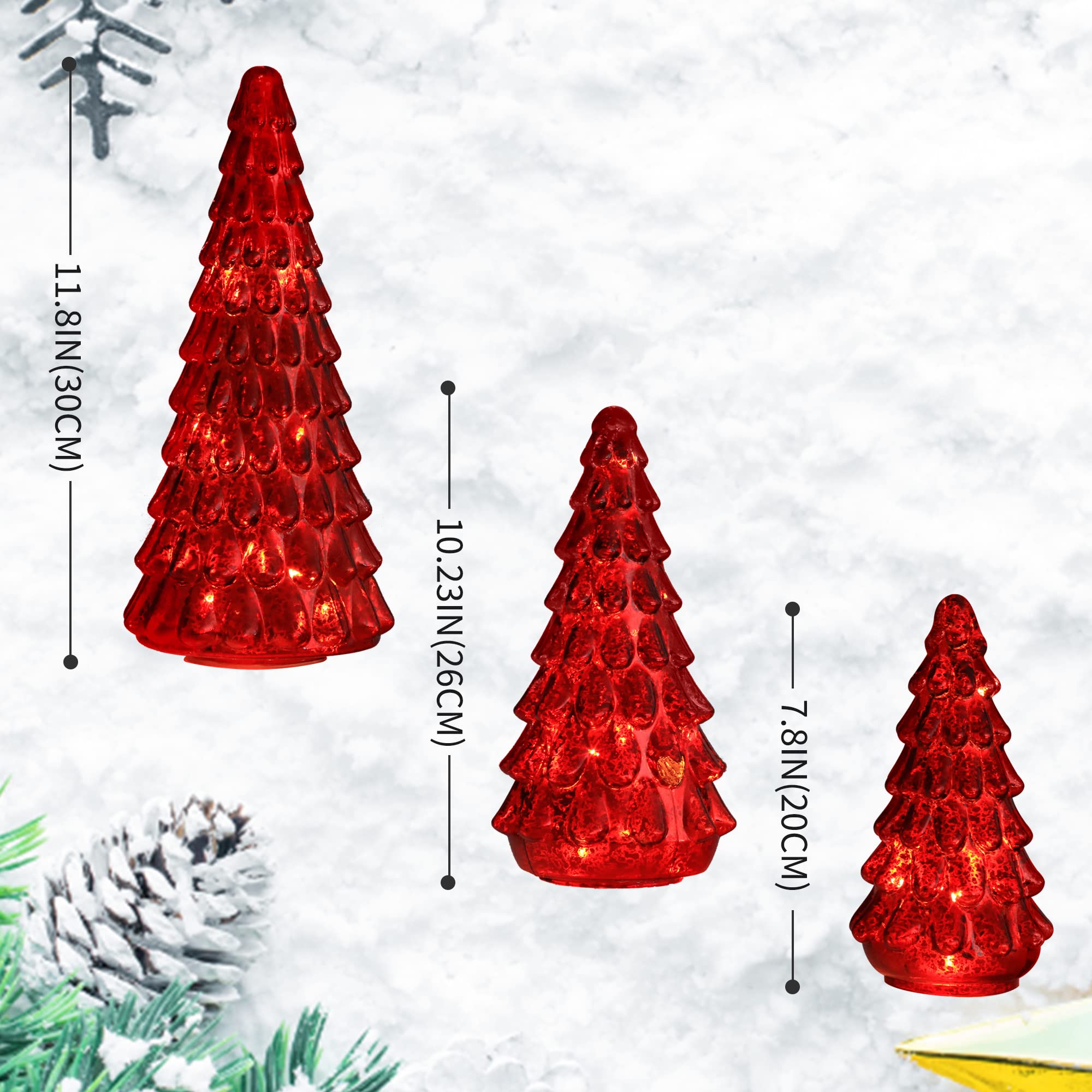 Costyleen 3PCS Christmas Ornaments Tree Set, Tower Shaped Glass Xmas Tree, Mercury Glass Tabletop Christmas Tree Decoration with
