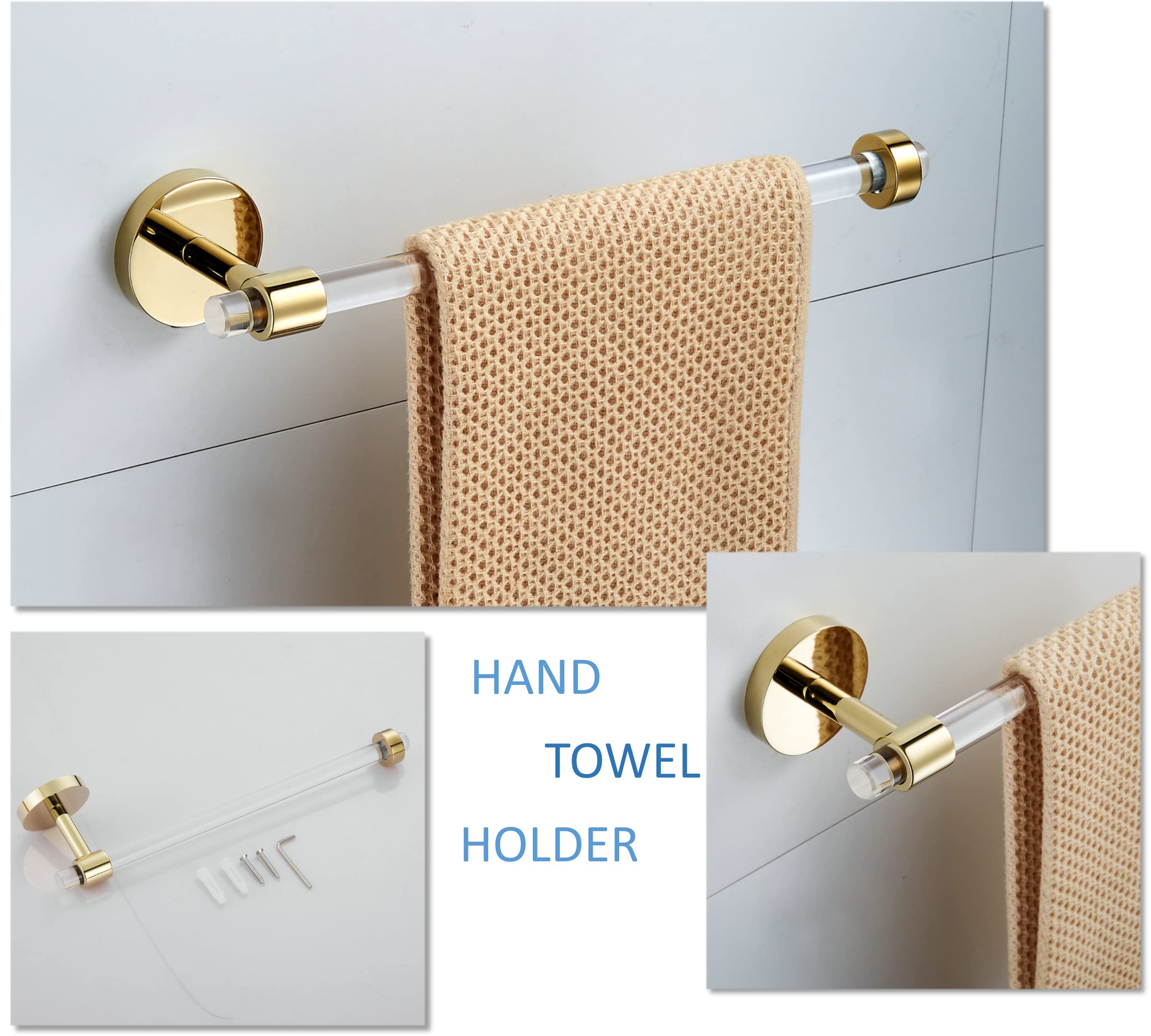 Gold Bathroom Hardware Accessories Set - Acrylic Hand Towel Holder Toilet Paper Holder Towel Hook - Wall Mounted Bath Towel Bar