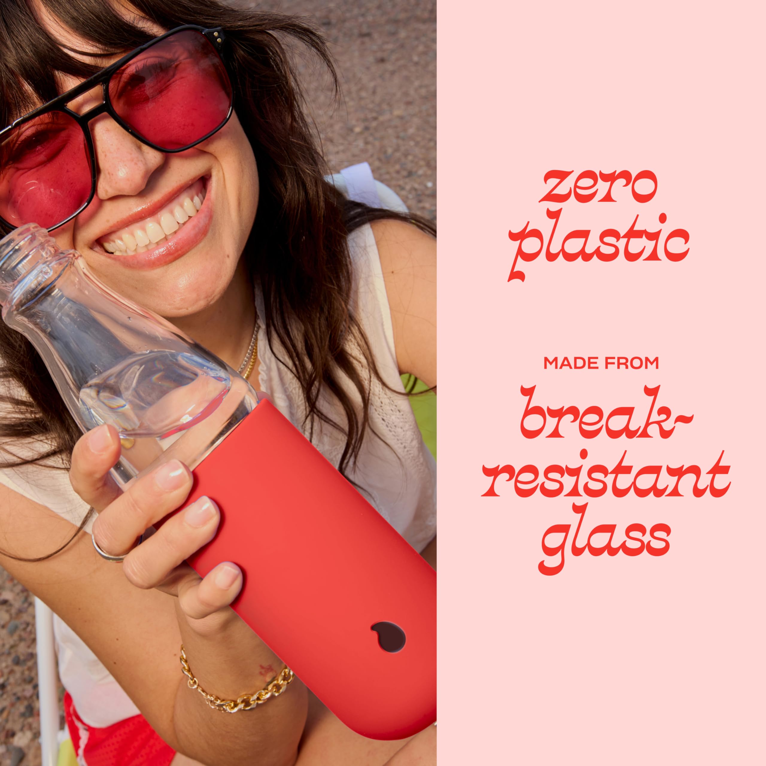 S'well Glass Original Water Bottle, 18oz, Radiant Coral, Break Resistant Glass With Protective Silicone Sleeve, BPA Free, Zero P